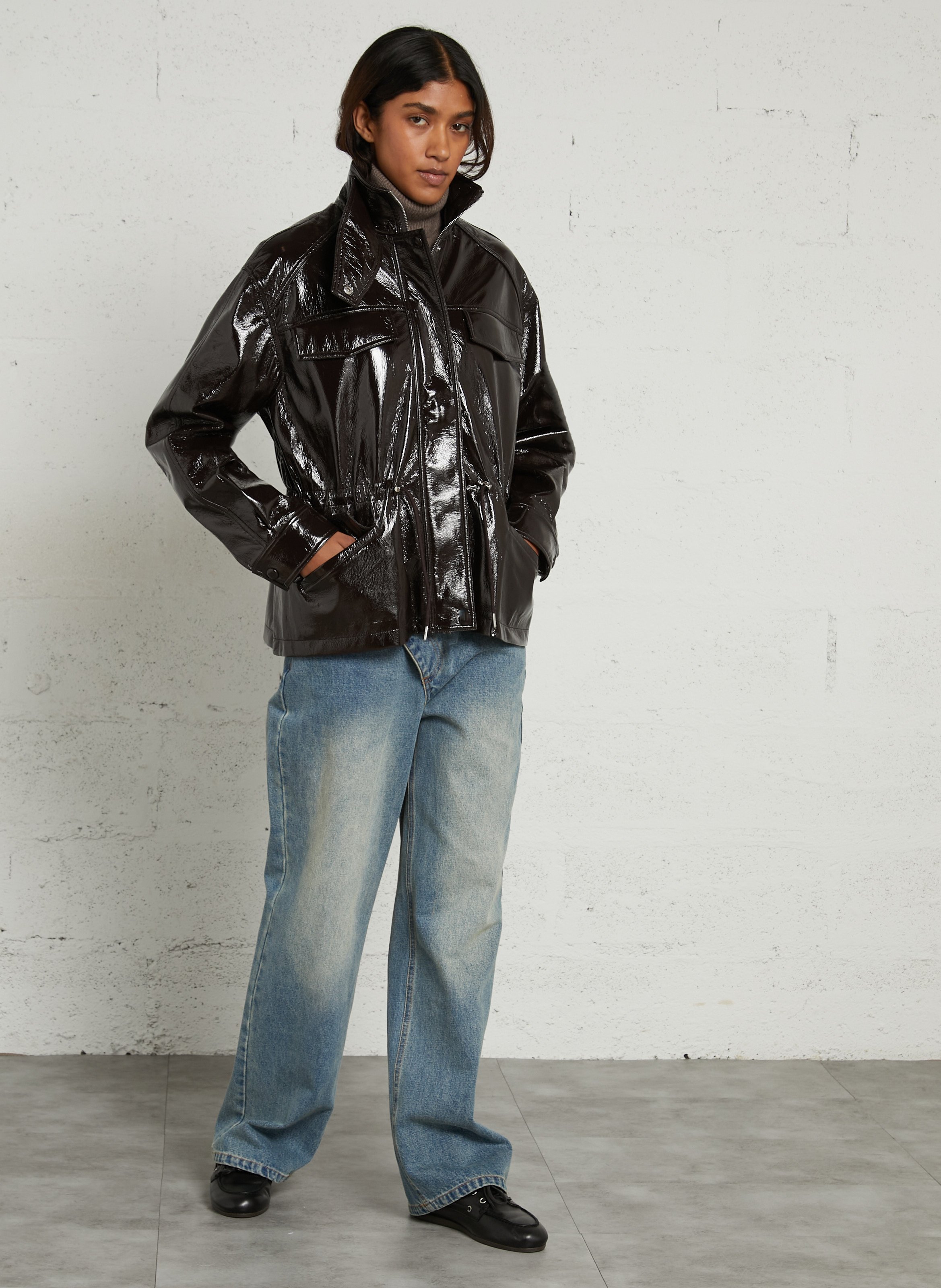 Chaqueta recta de cuello alto efecto vinilo BERENICE Marron