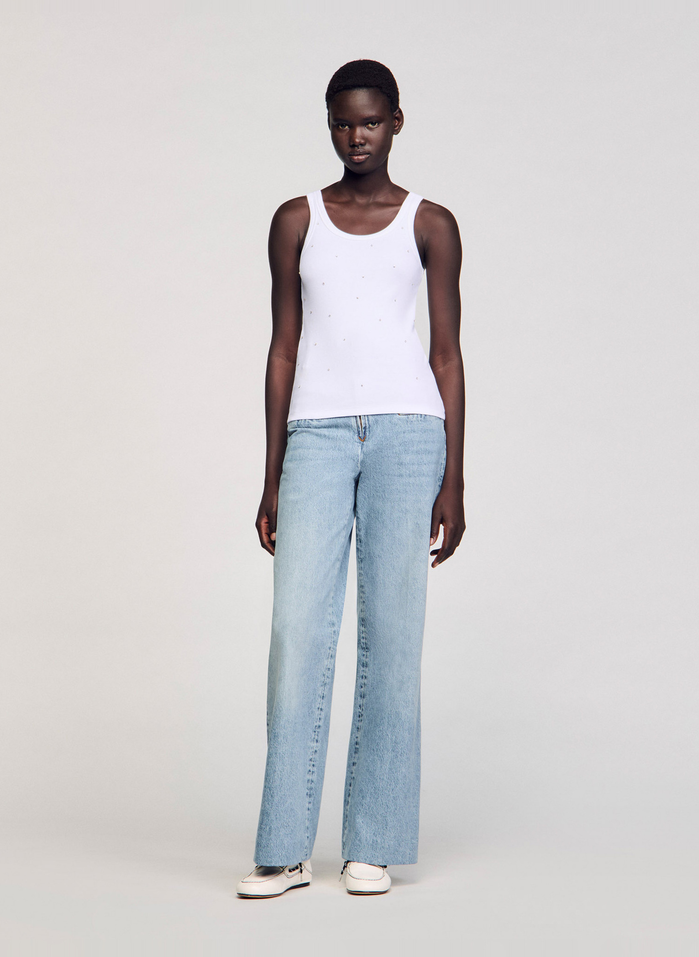 Cotton tank top with rhinestones SANDRO White