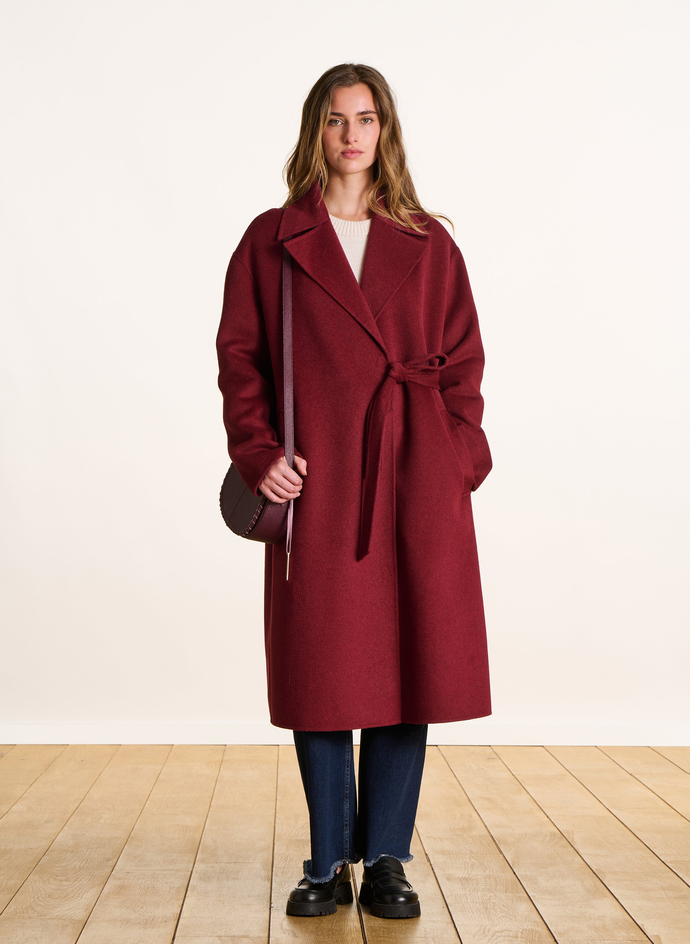 Manteau long col tailleur en laine recyclée mélangée LA FEE MARABOUTEE Marron