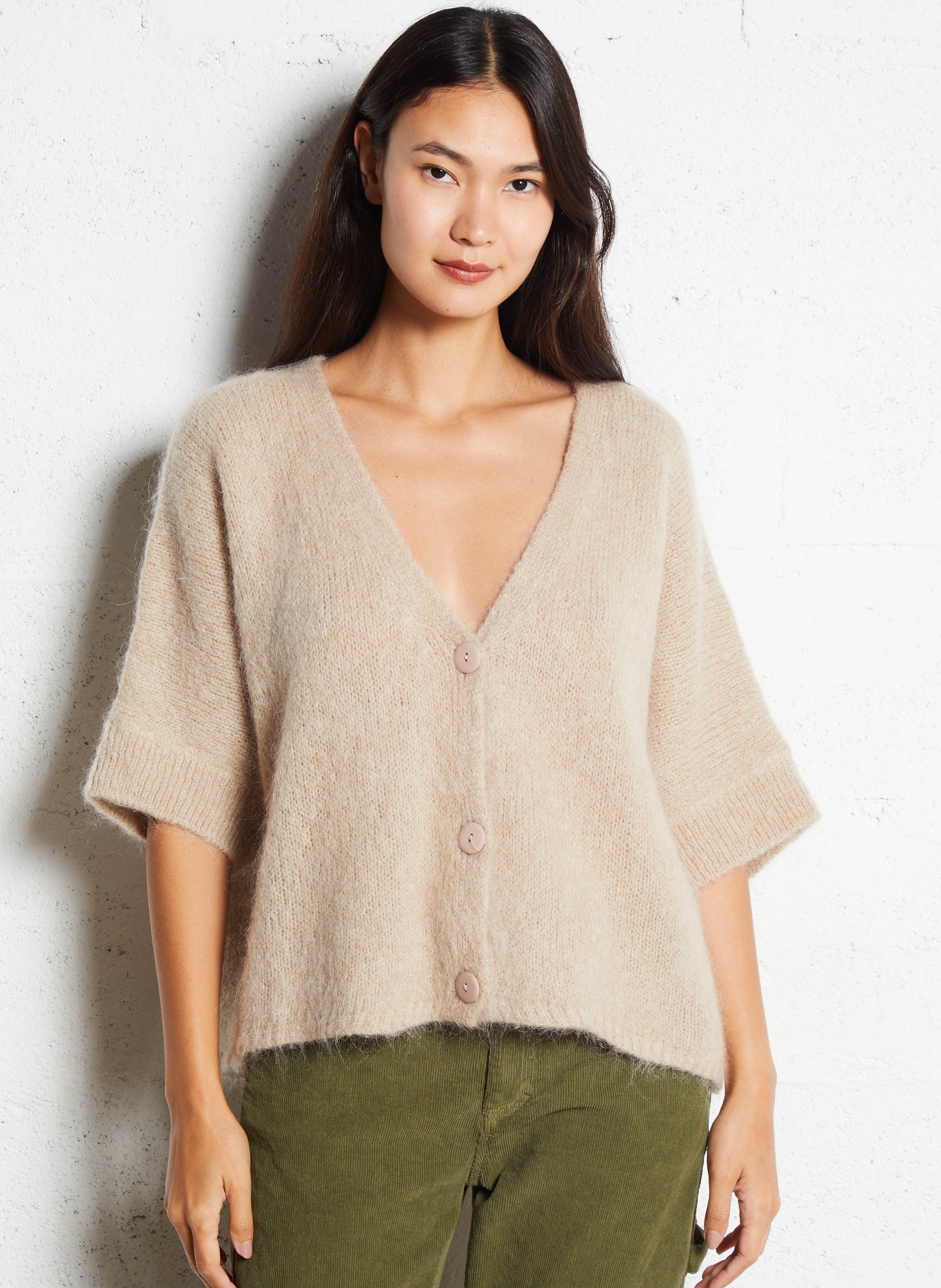 Gilet à col V ample en maille mélangée PLEASE