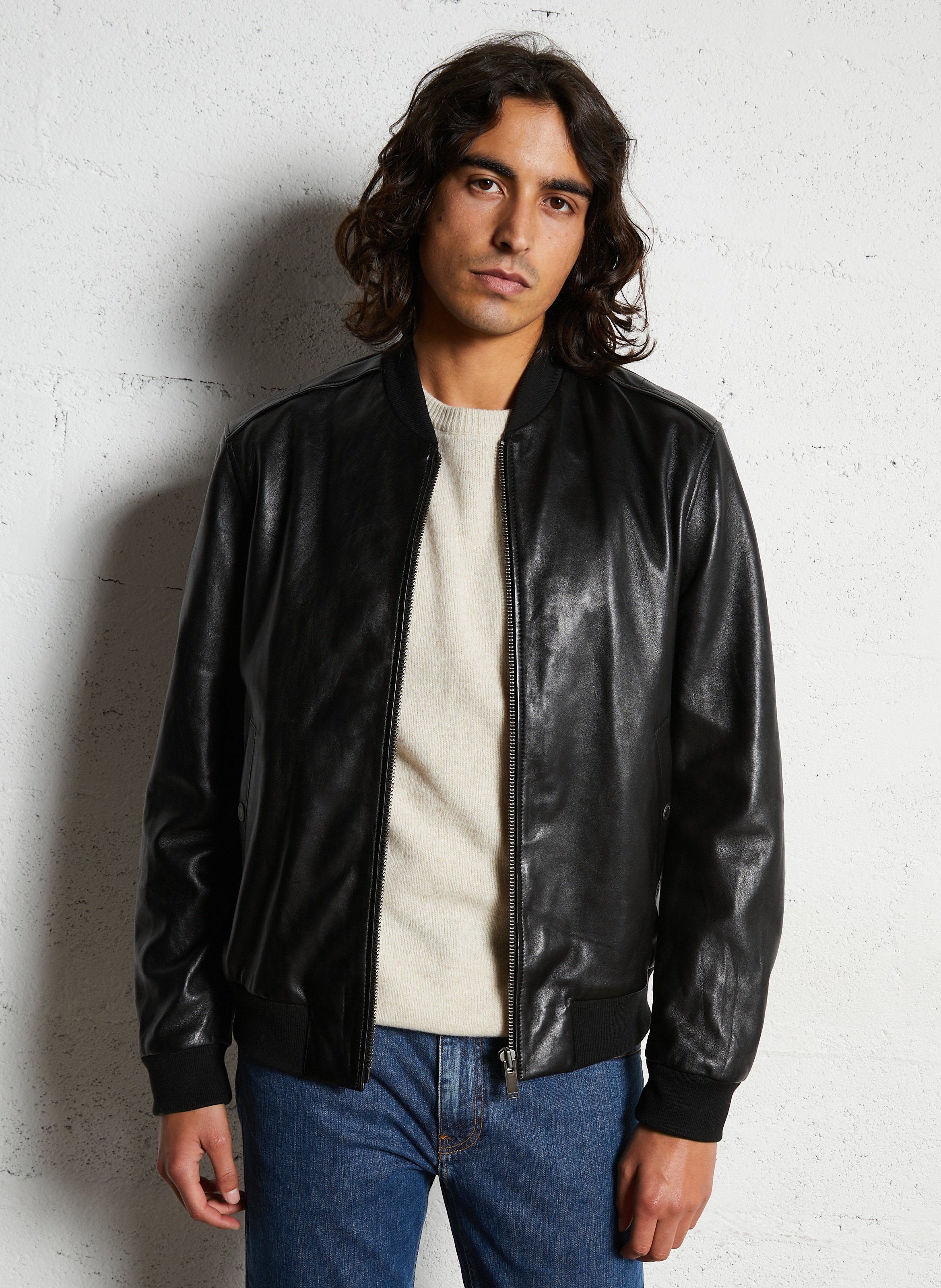 Blouson droit col teddy en cuir CHEVIGNON Noir