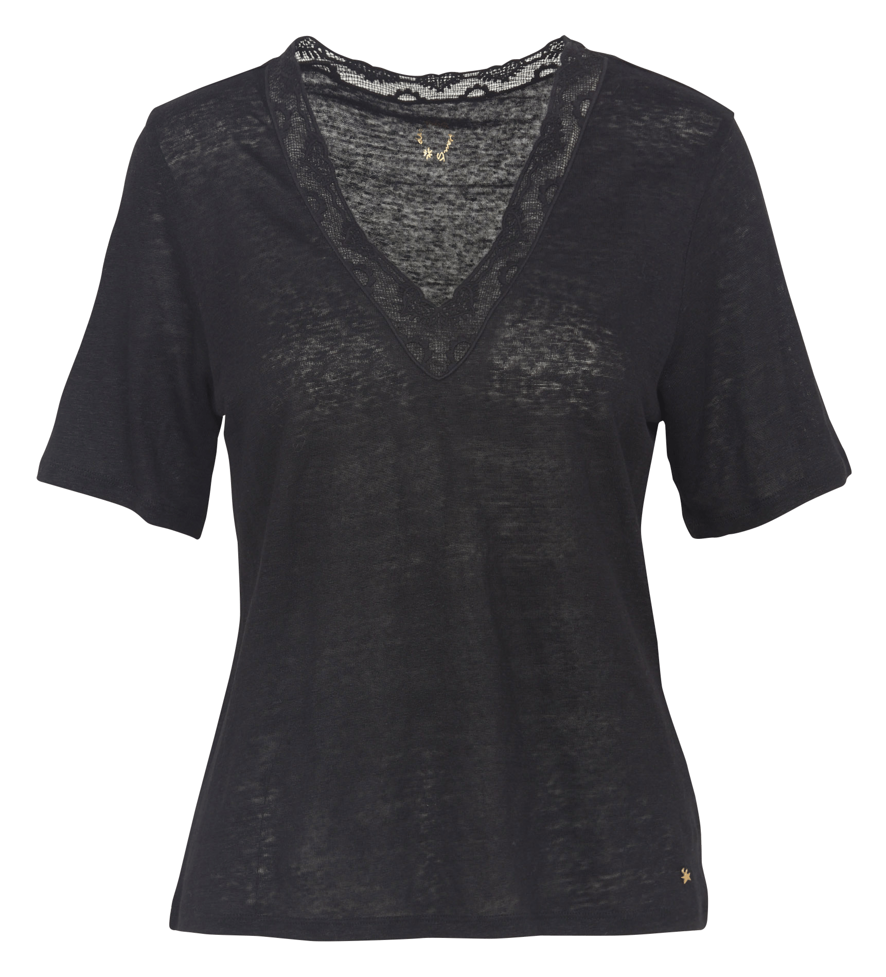 Straight V-neck lace linen t-shirt DES PETITS HAUTS Black
