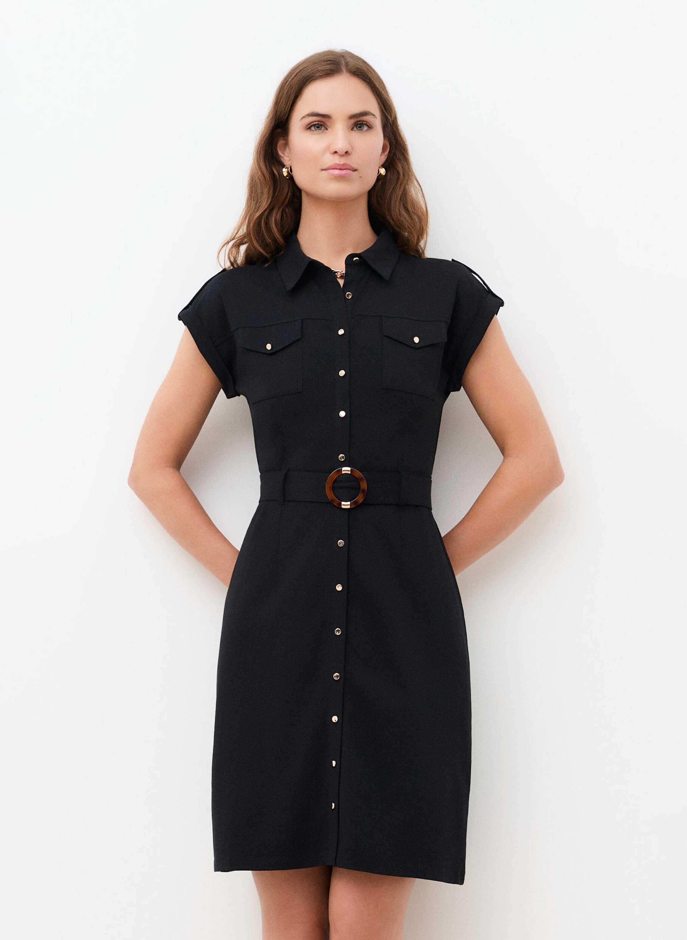 Short belted plain cotton dress CAROLL Black