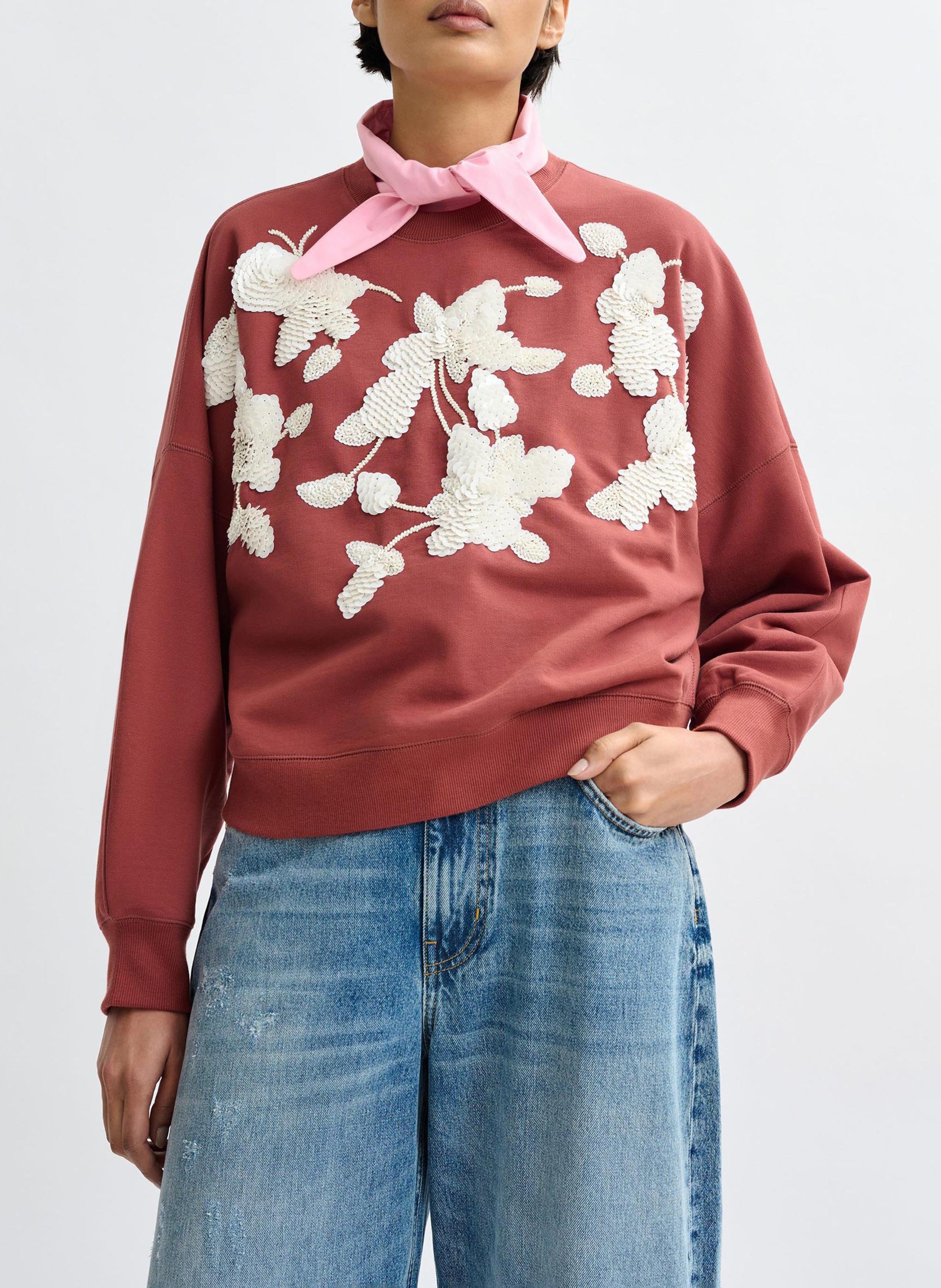 Oversized Sweatshirt with Embroidered Flowers ESSENTIEL ANTWERP Brown