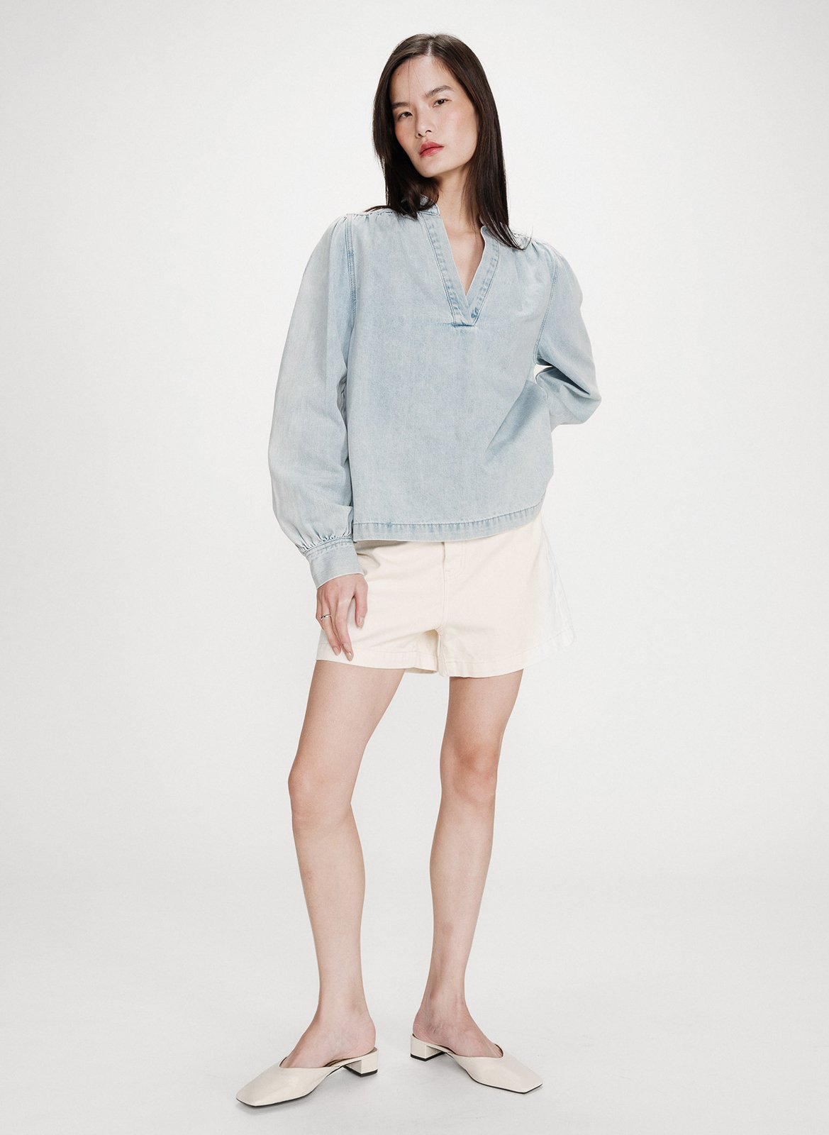 Blouse oversize col V en coton mélangé GRACE ET MILA Bleu