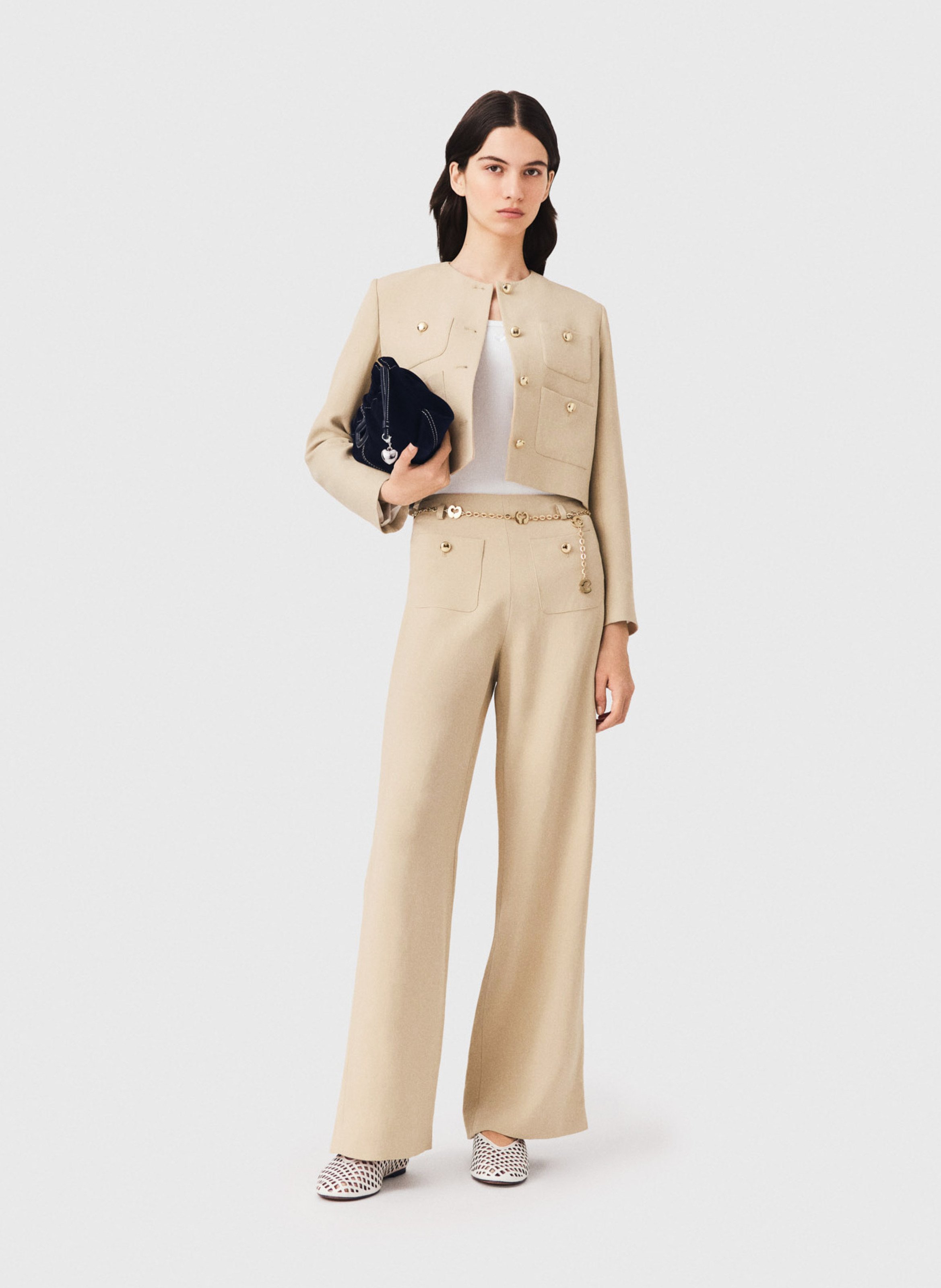 Pantalon large taille mi-haute MAJE Beige