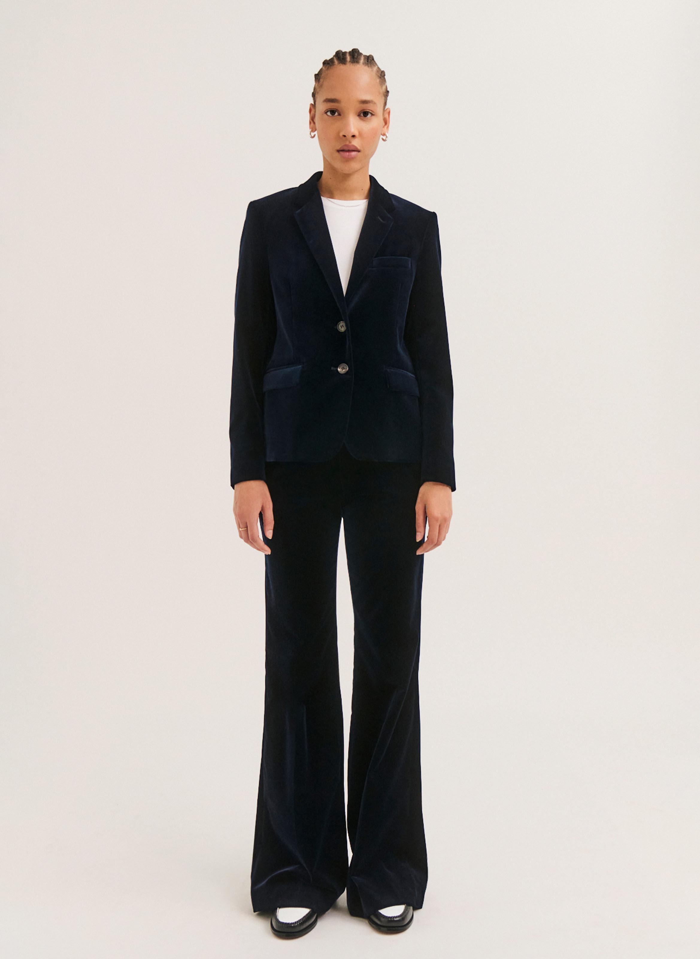 Blazer cintré en velours lisse de coton mélangé PABLO Bleu