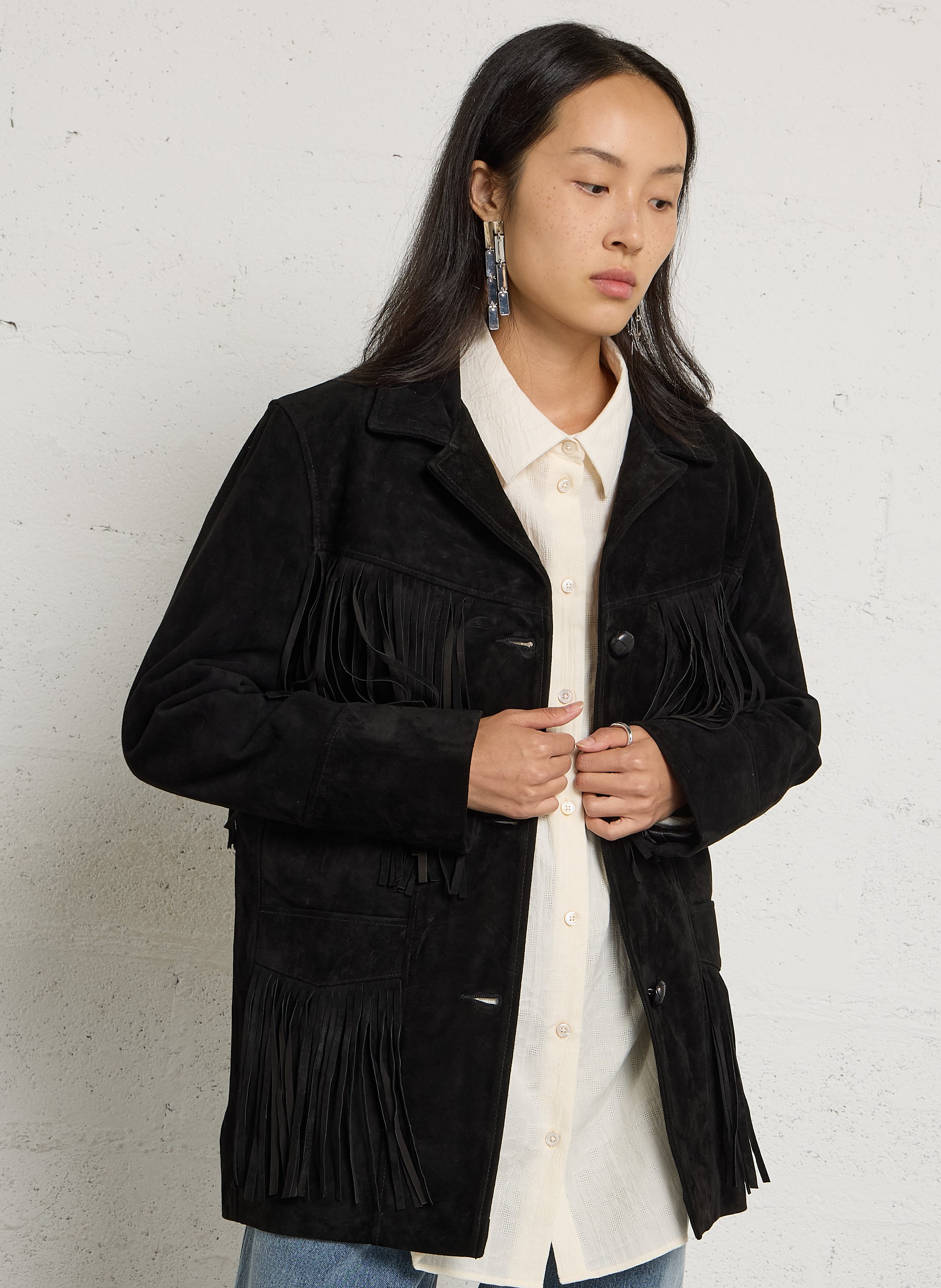 Veste droite à franges en suède SCHOTT Noir