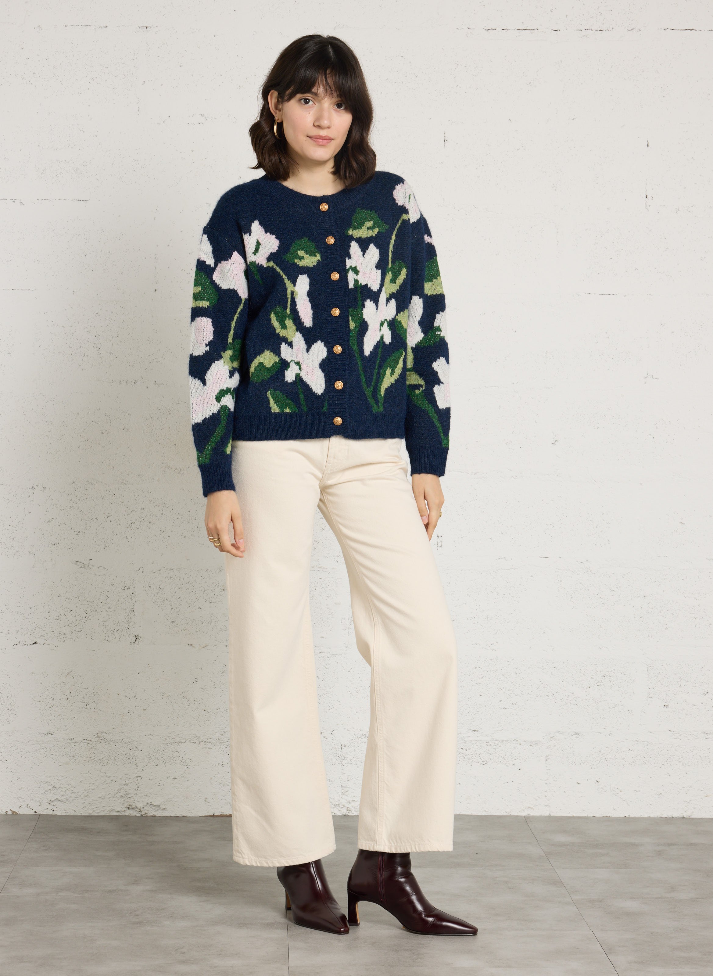 Weiter Cardigan mit Rundhalsausschnitt und Print THE KORNER Blau