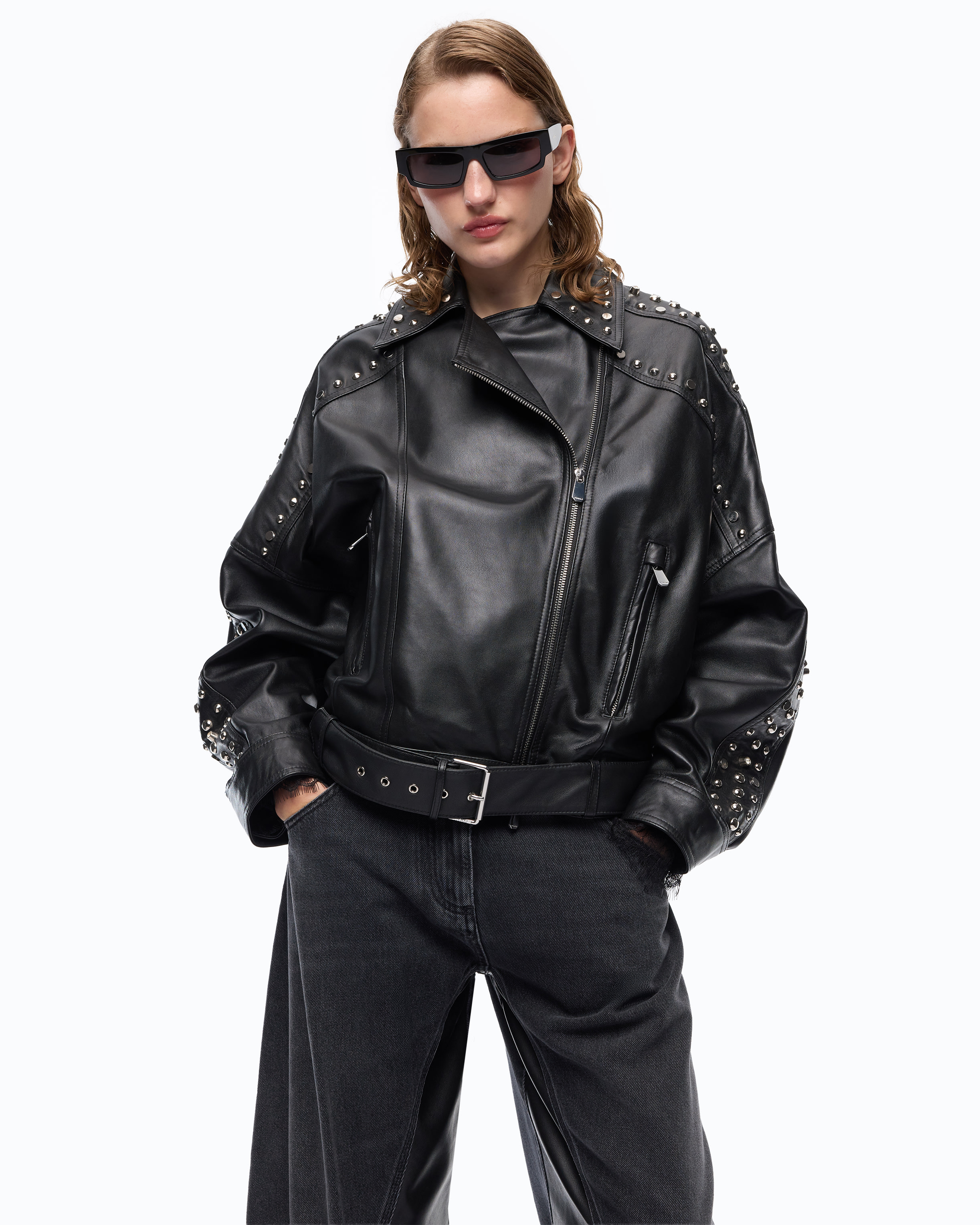 Studded nappa leather biker jacket PINKO Black