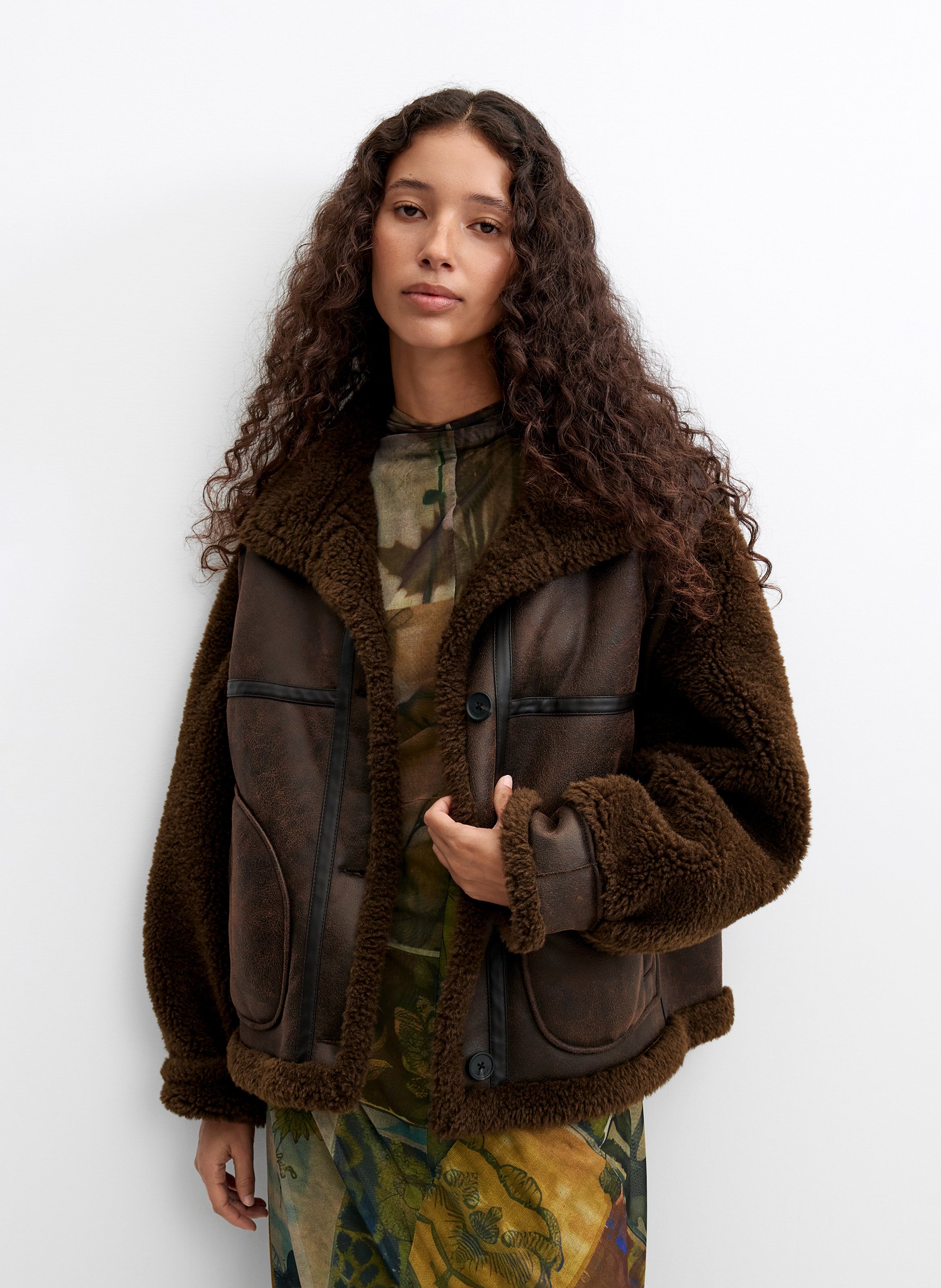 Oversized solid color button-up coat DESIGUAL Brown