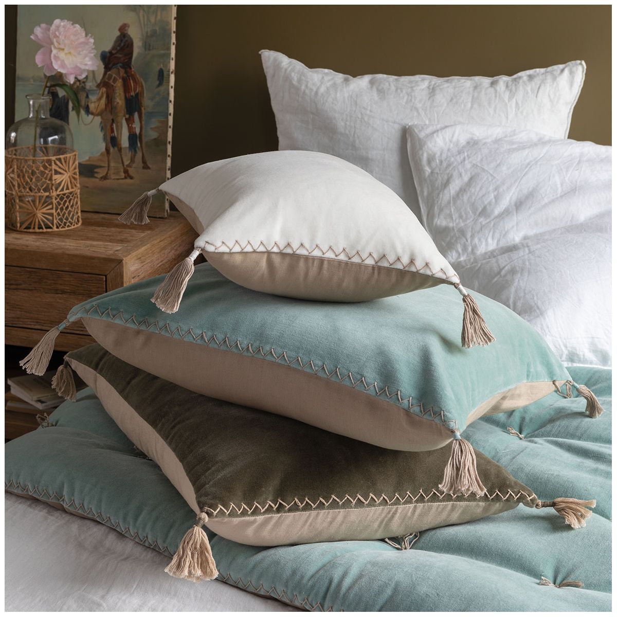 Mattéo cotton velvet cushion cover BLANC D'IVOIRE Blue