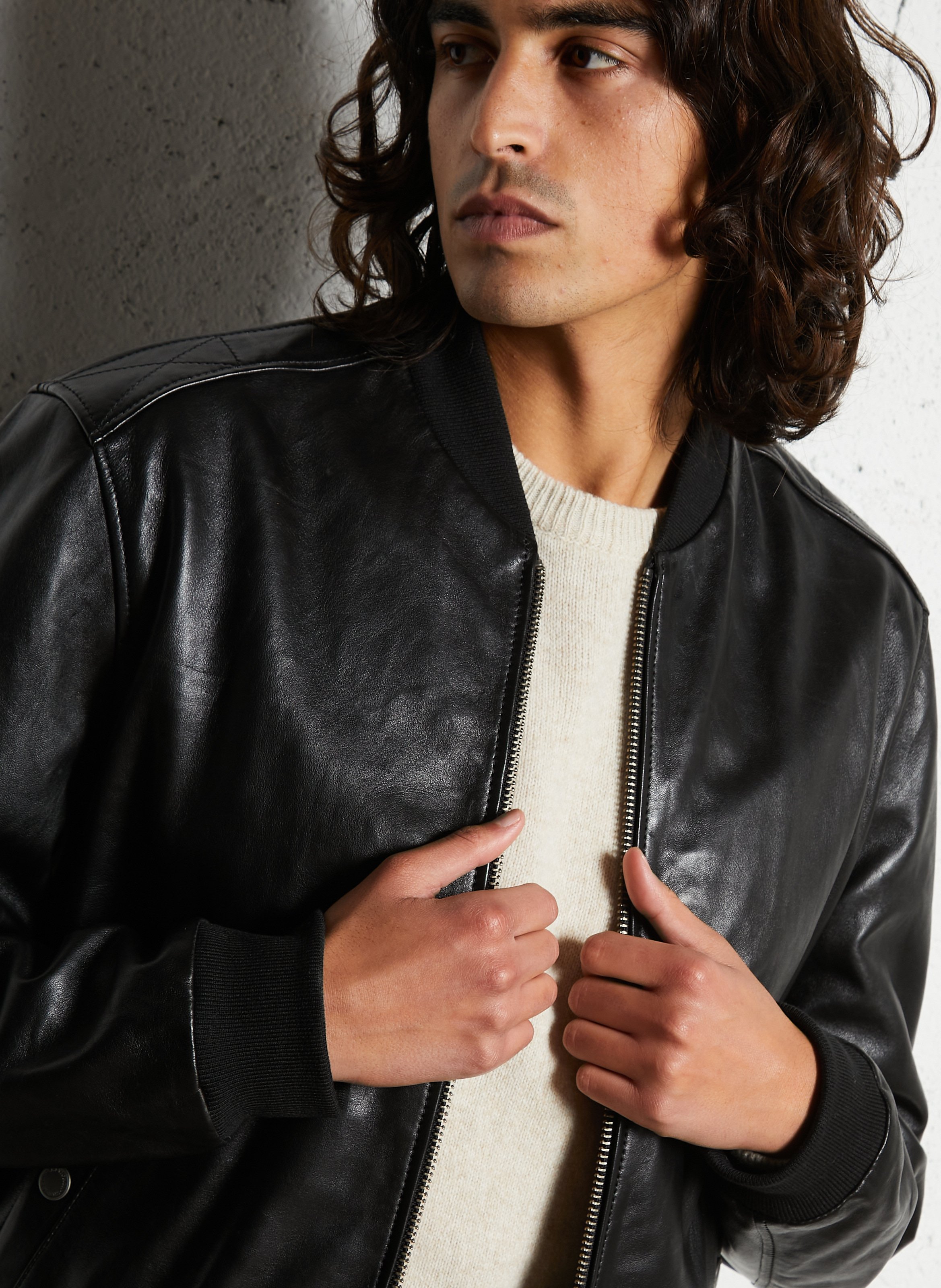 Blouson droit col teddy en cuir CHEVIGNON Noir