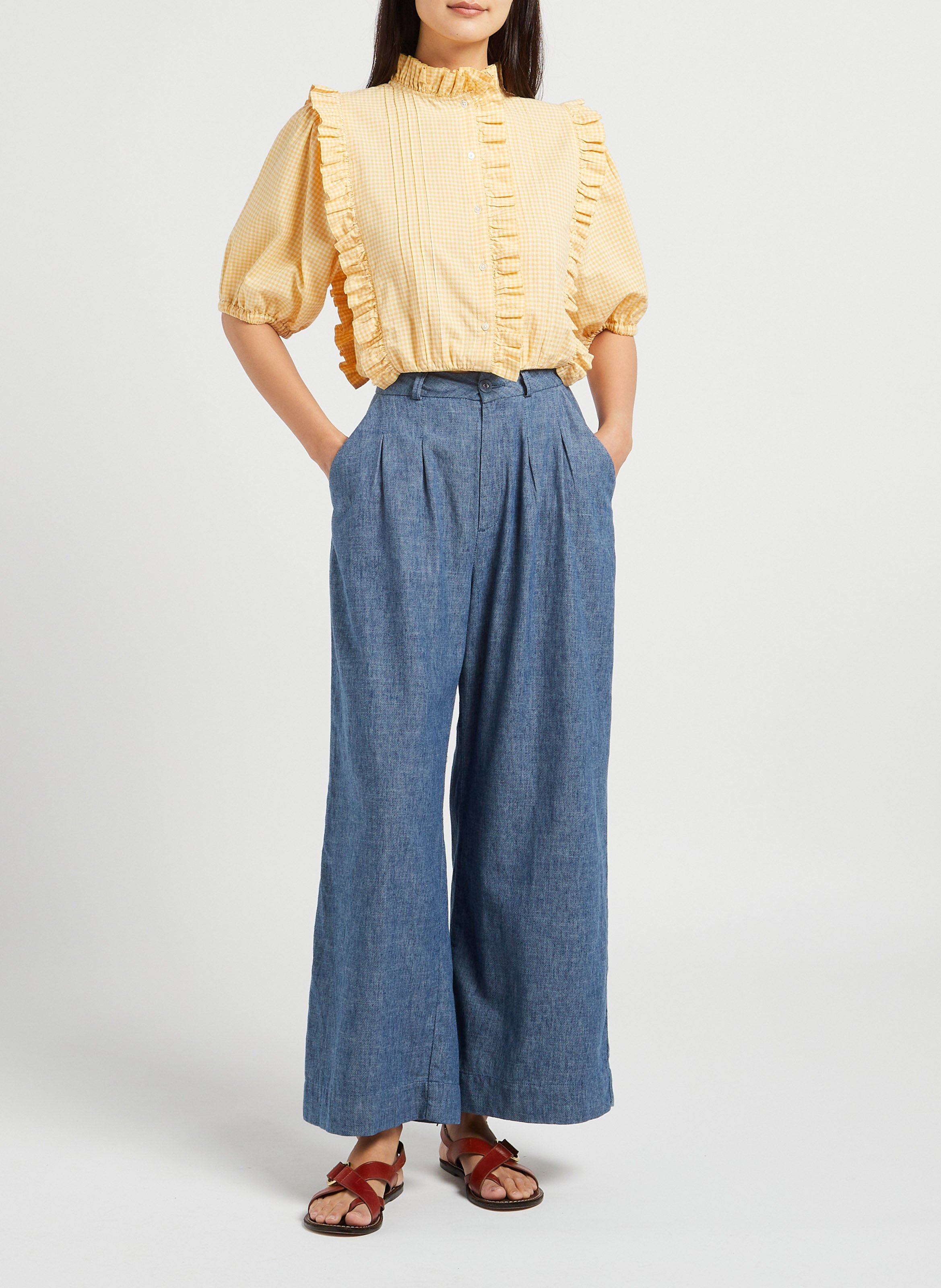 High-neck cotton blouse with ruffles EMILE ET IDA Yellow