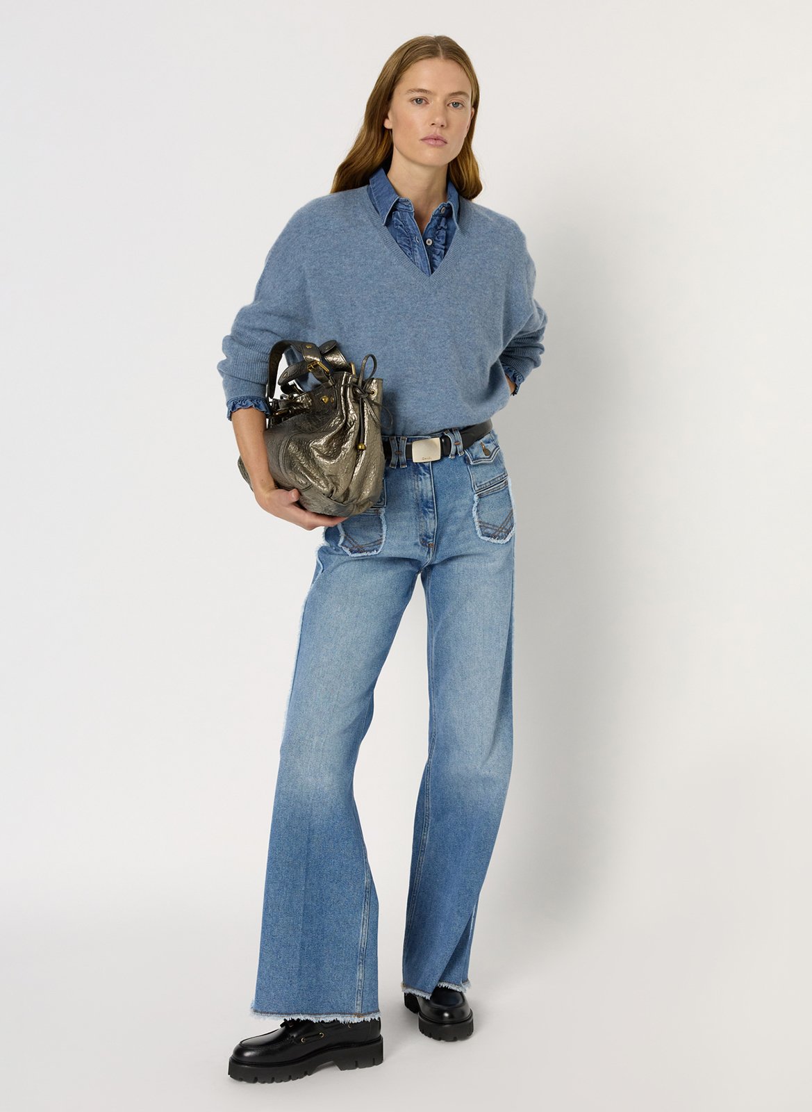 Pull droit col V en cachemire GERARD DAREL Bleu