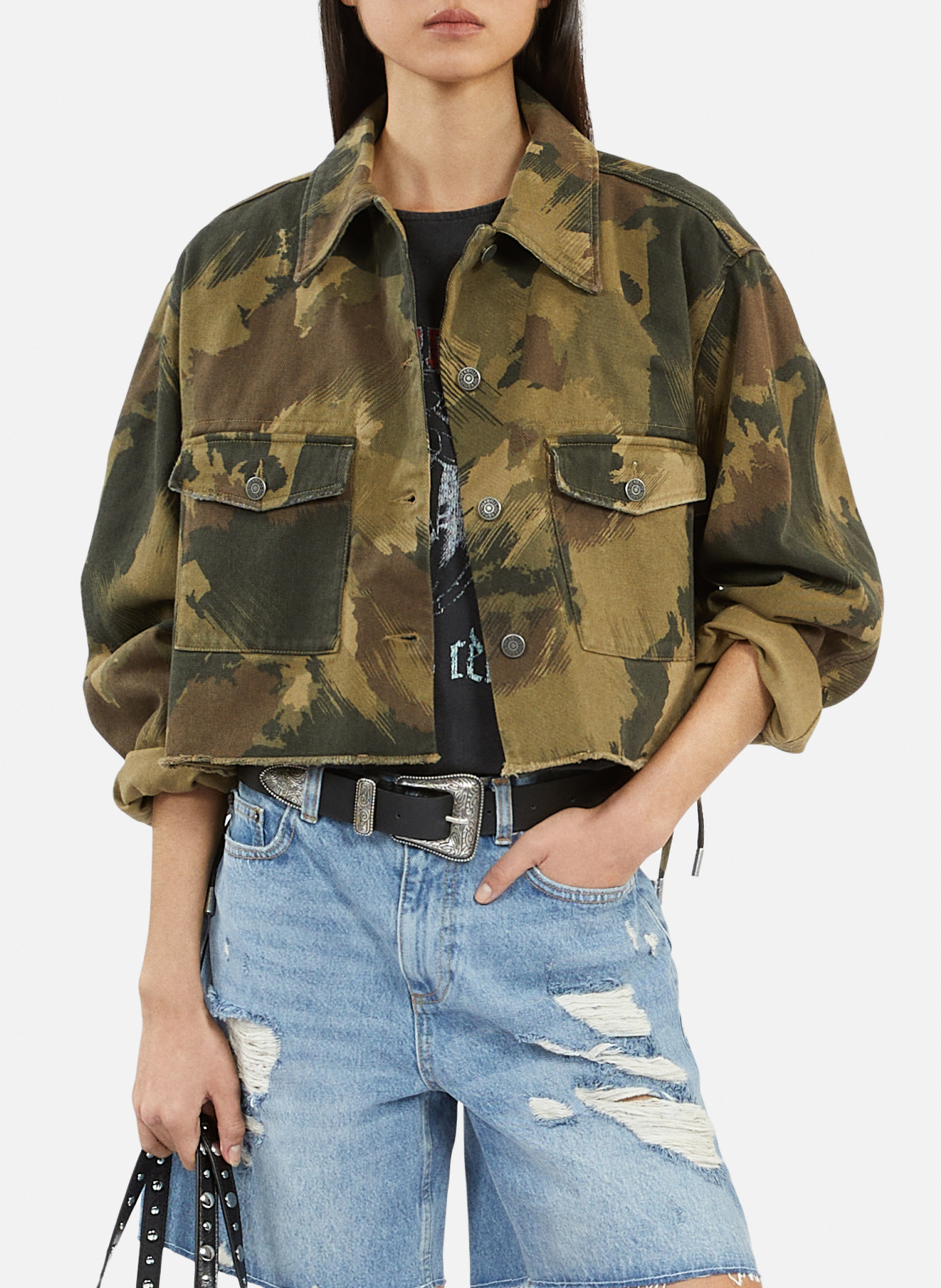 Korte denim jasje met katoenen print THE KOOPLES Kaki