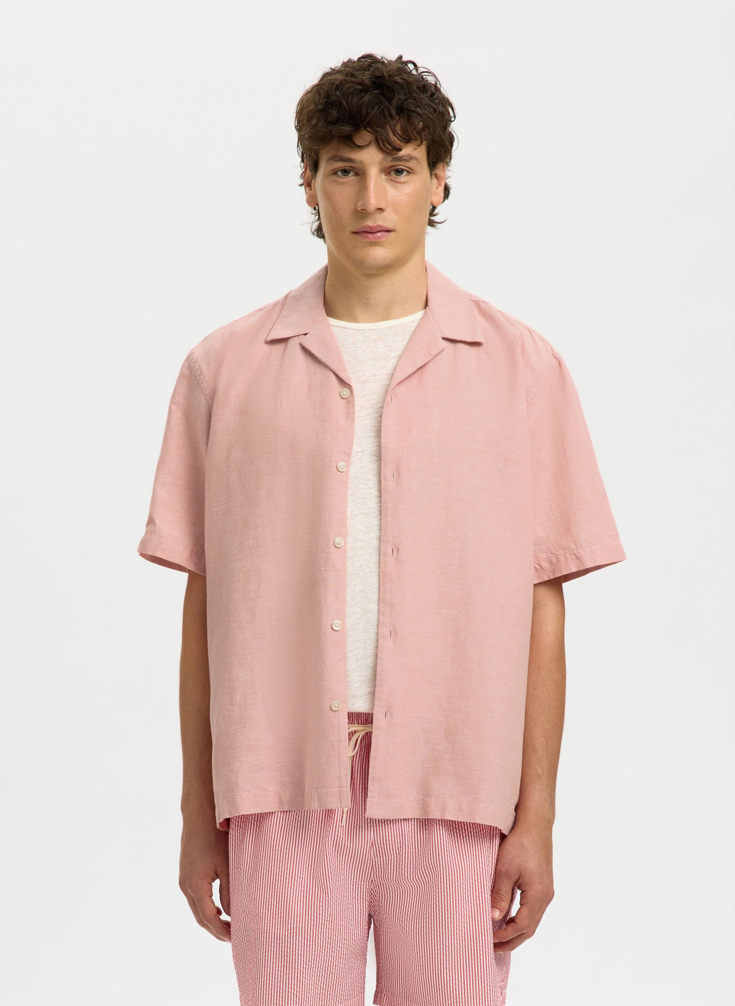 Gerade Linen-Mischung Hemd mit kubanischem Kragen SELECTED Rosa