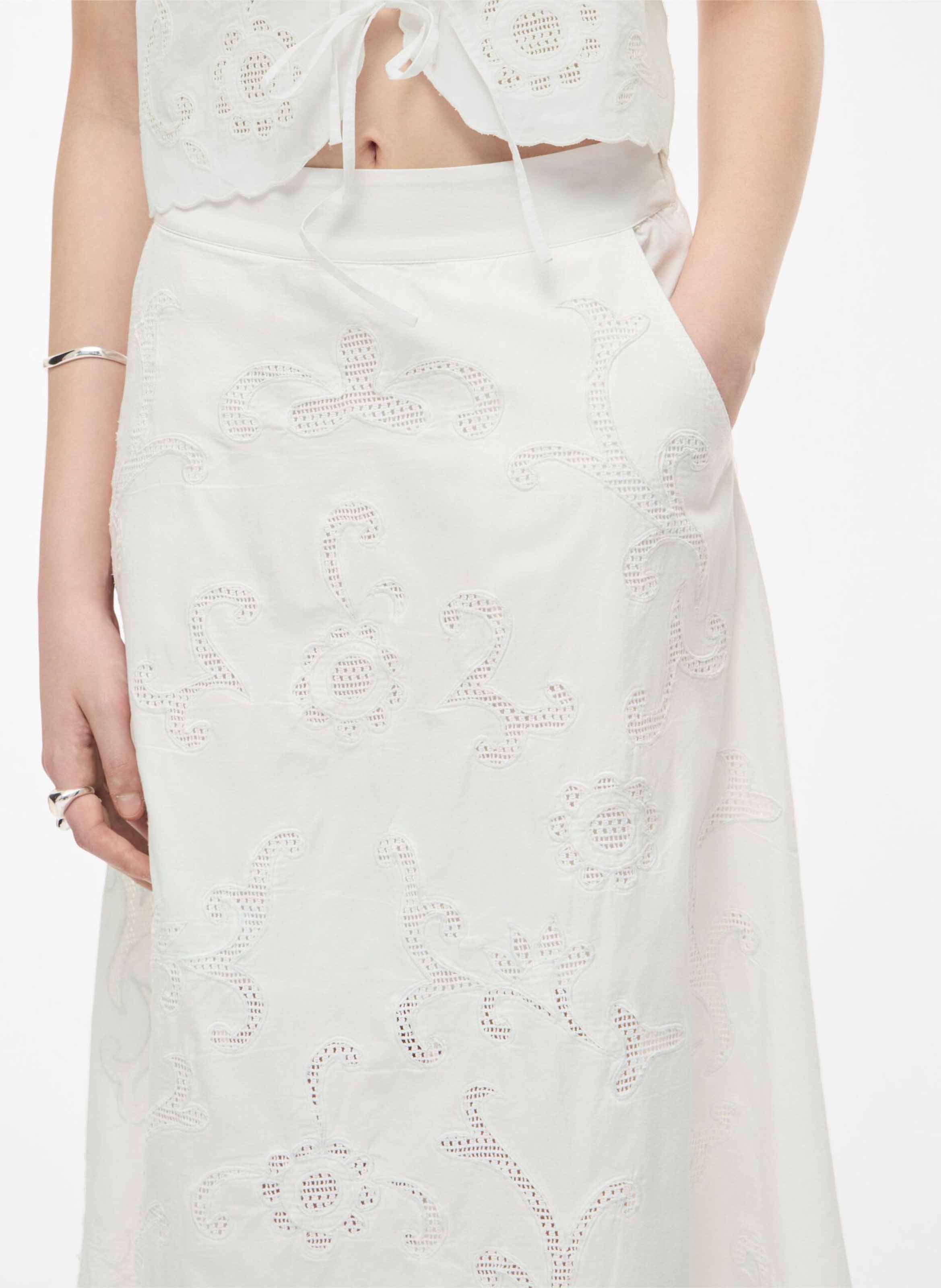 Jupe longue brodée en coton bio ROUGE EDIT Beige