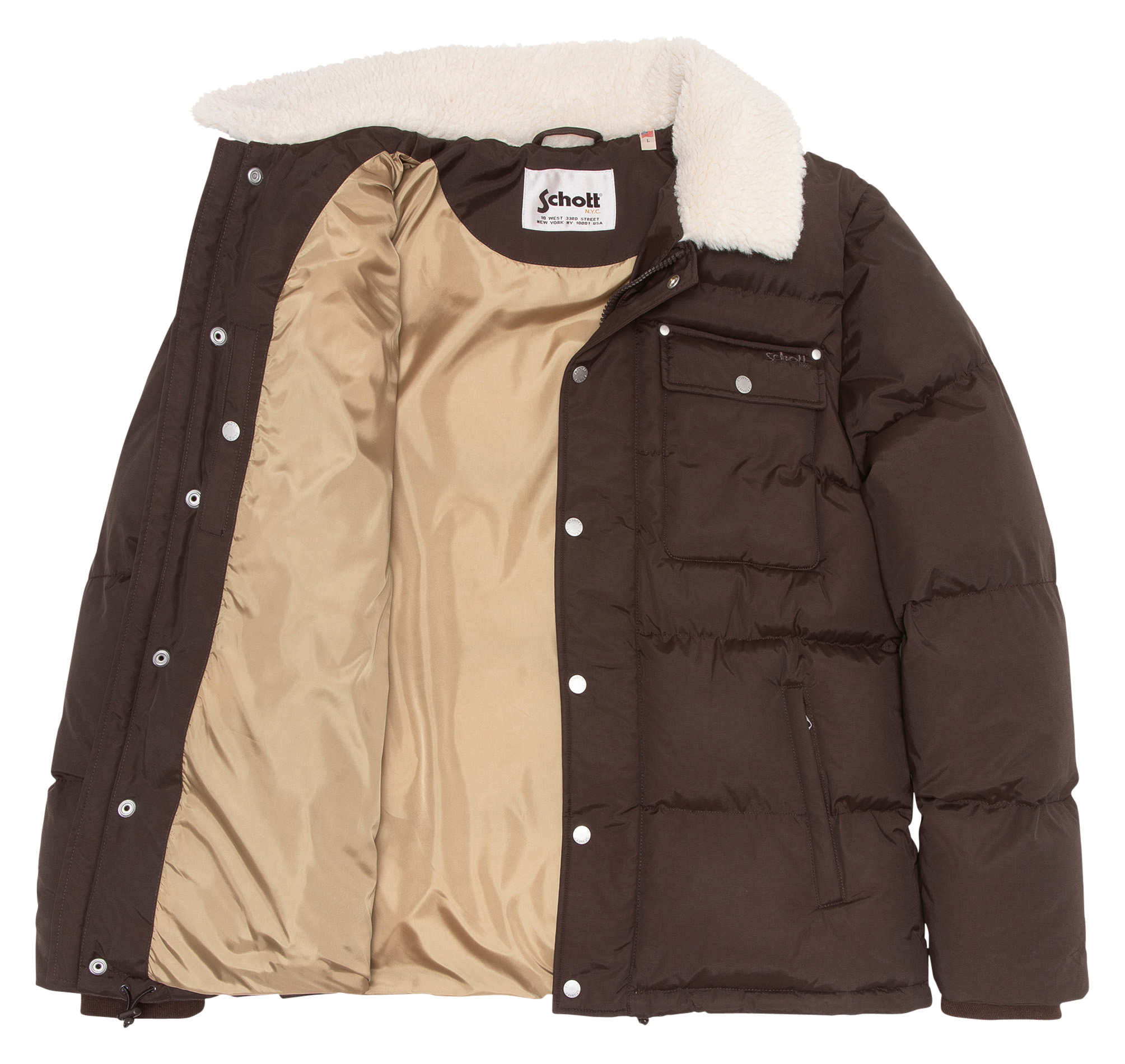 Straight quilted puffer jacket with sherpa collar in cotton blend SCHOTT Brown