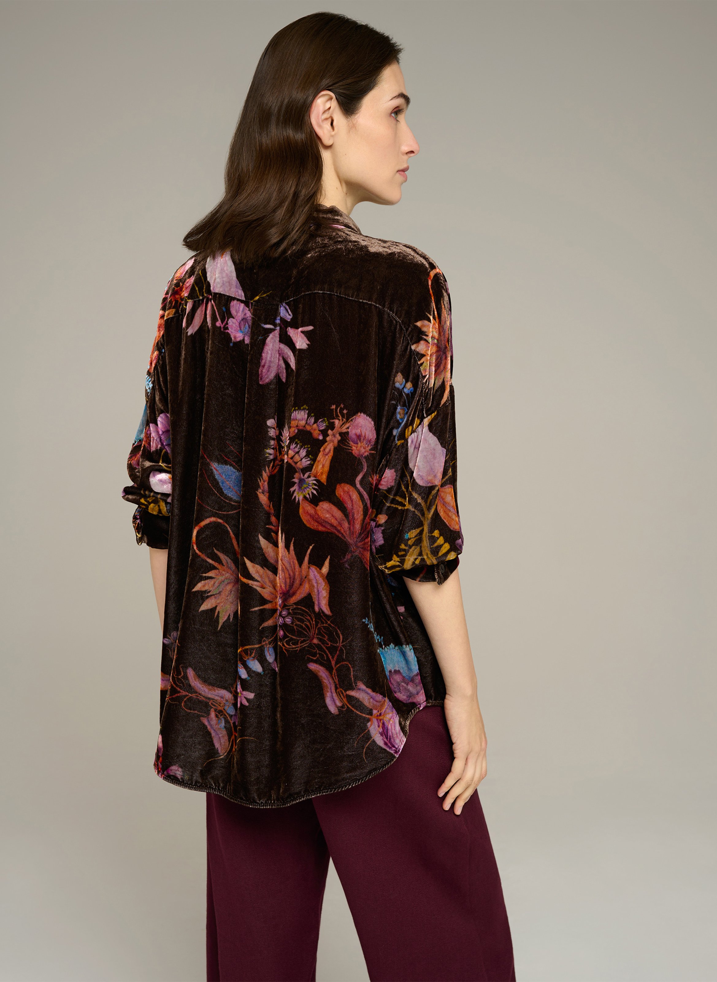 Chemise droite col classique à imprimé fleuri en velours COTELAC Marron