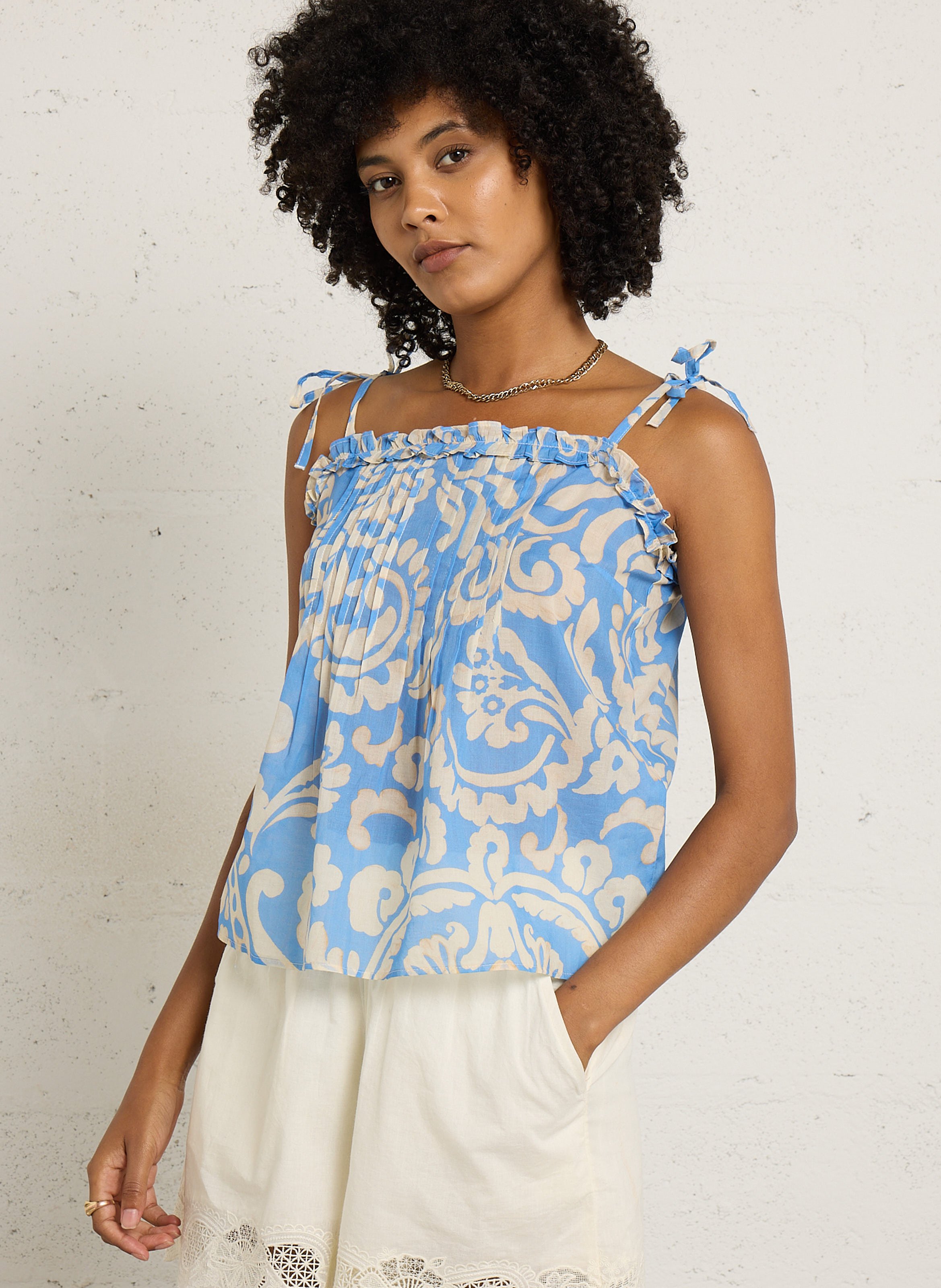 Top droit en coton imprimé SUD EXPRESS Bleu
