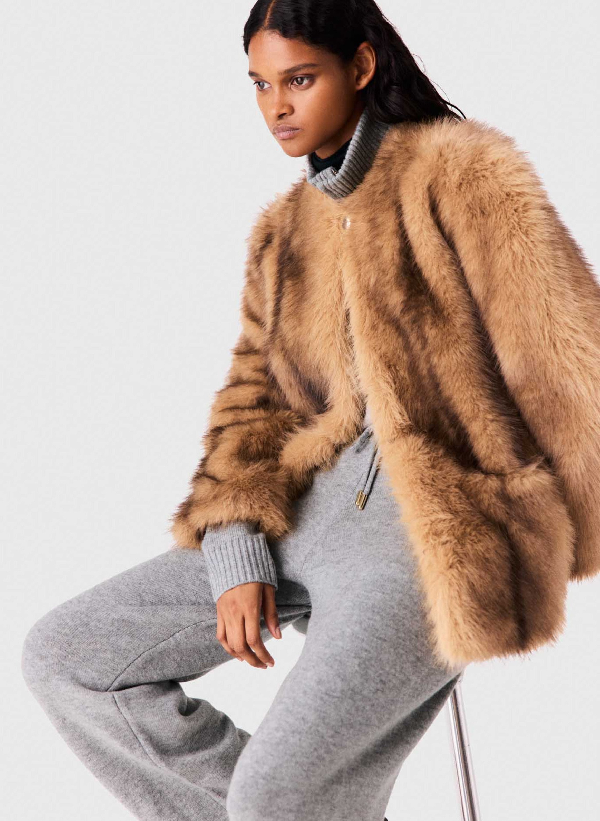 Manteau droit effet fourrure MAJE Beige