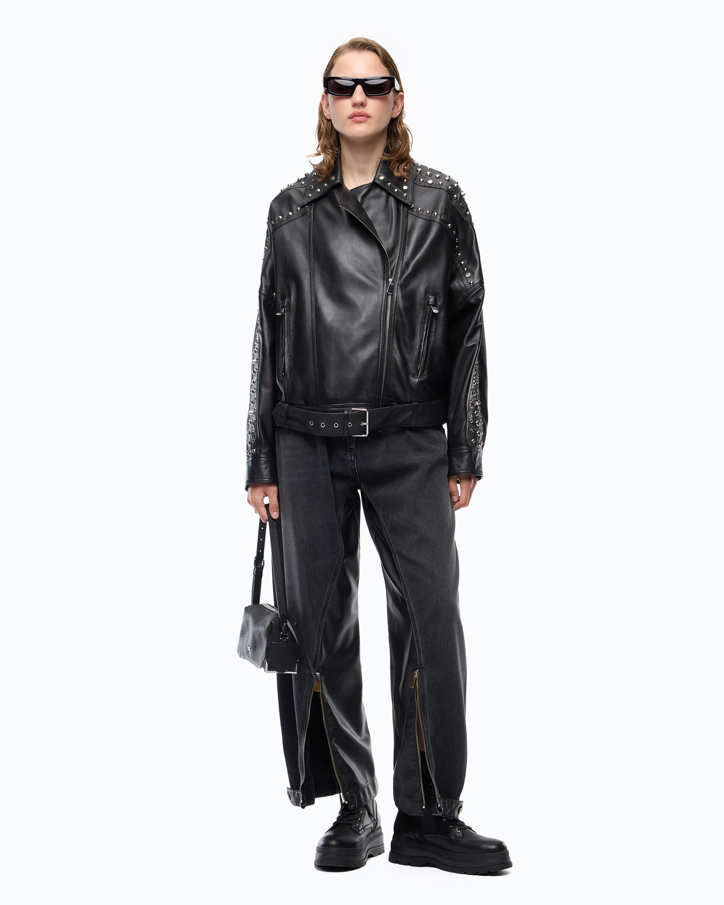 Studded nappa leather biker jacket PINKO Black