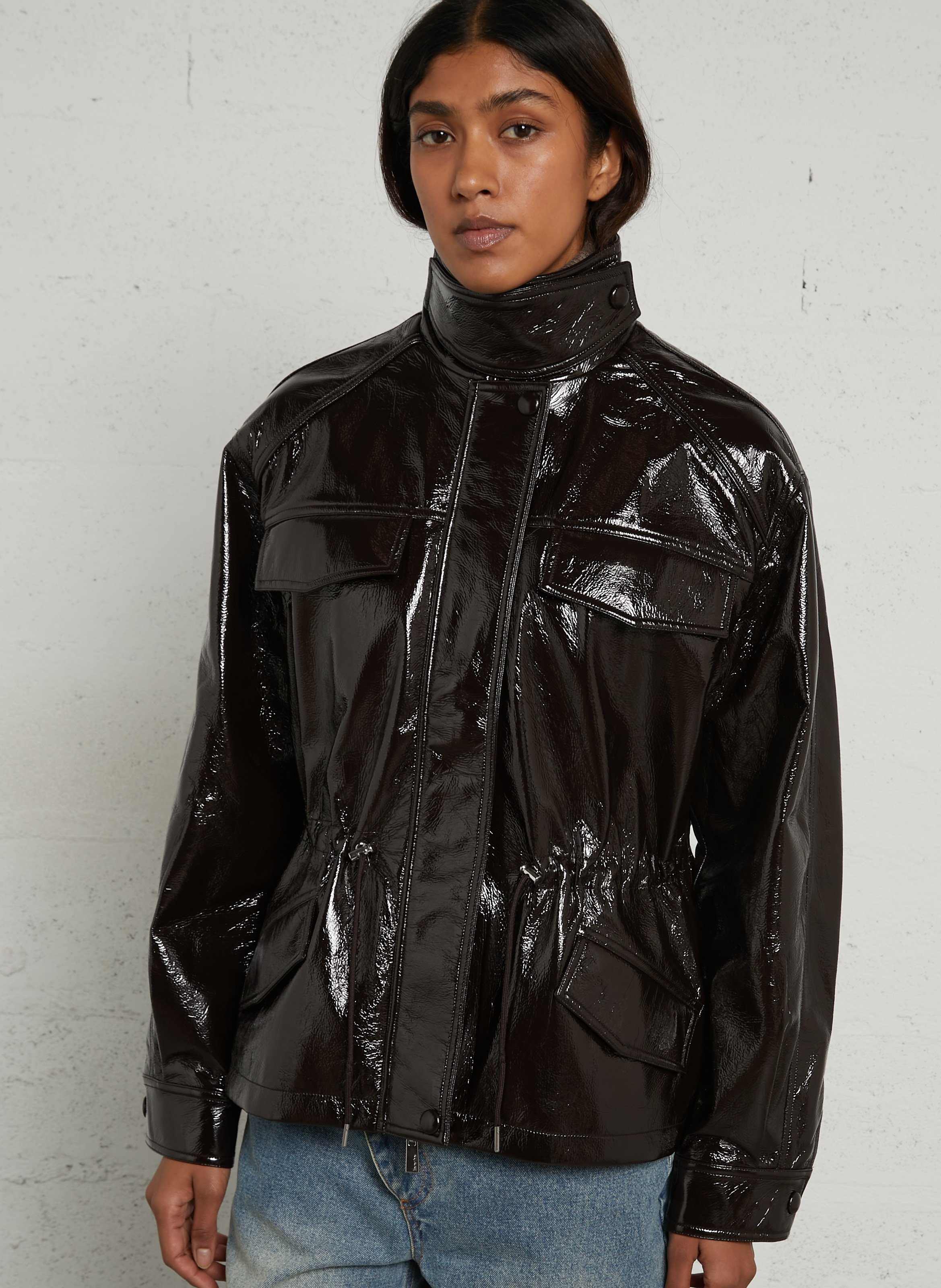 Chaqueta recta de cuello alto efecto vinilo BERENICE Marron