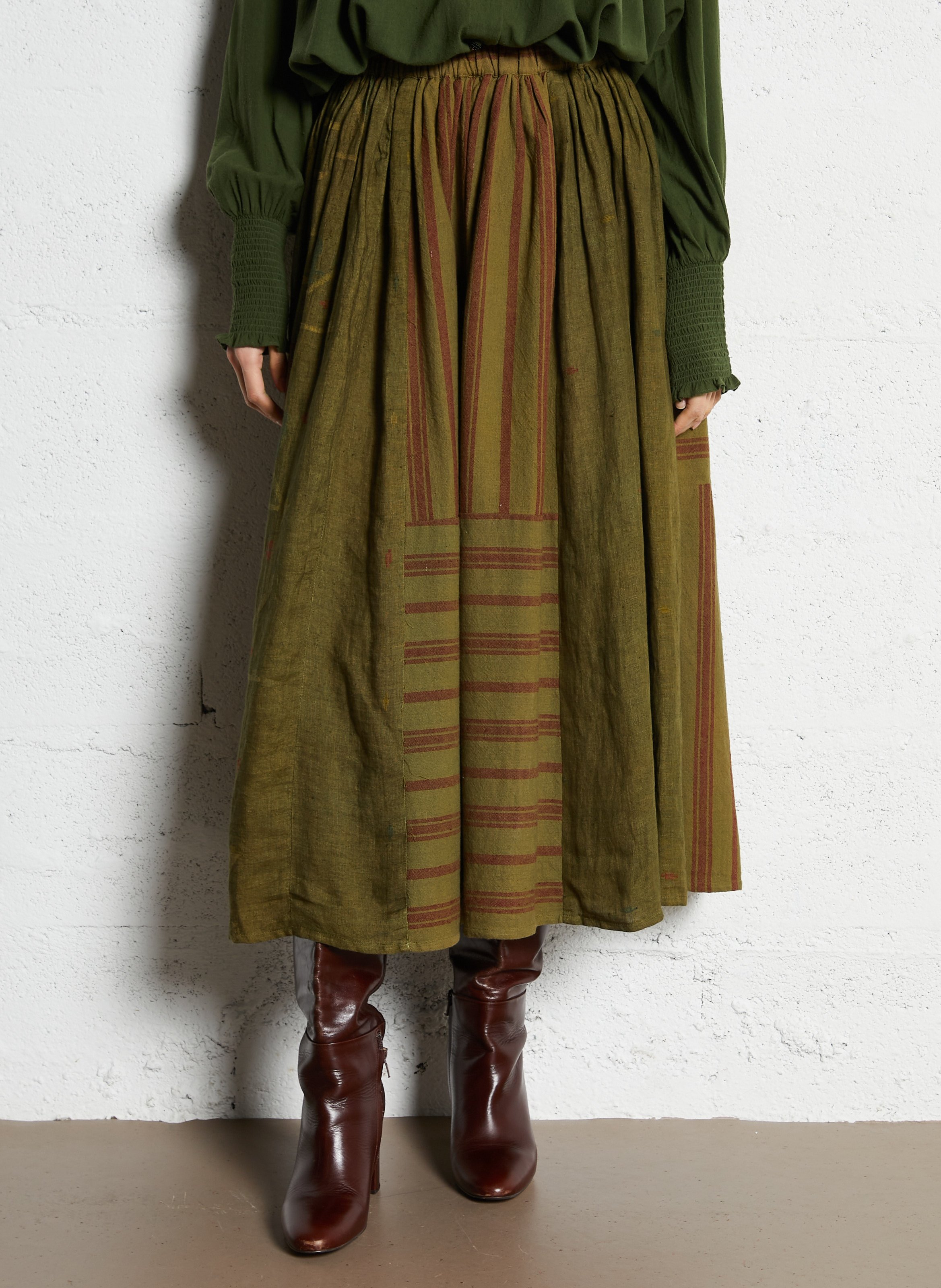 Flared Midi Skirt with Striped Details V DE VINSTER Khaki