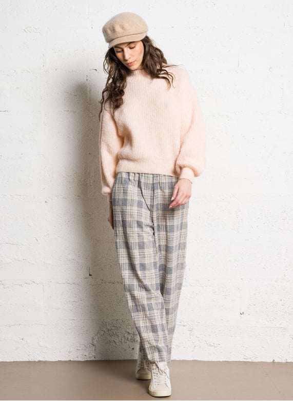 Wide checked pants in cotton and linen blend - Look 1