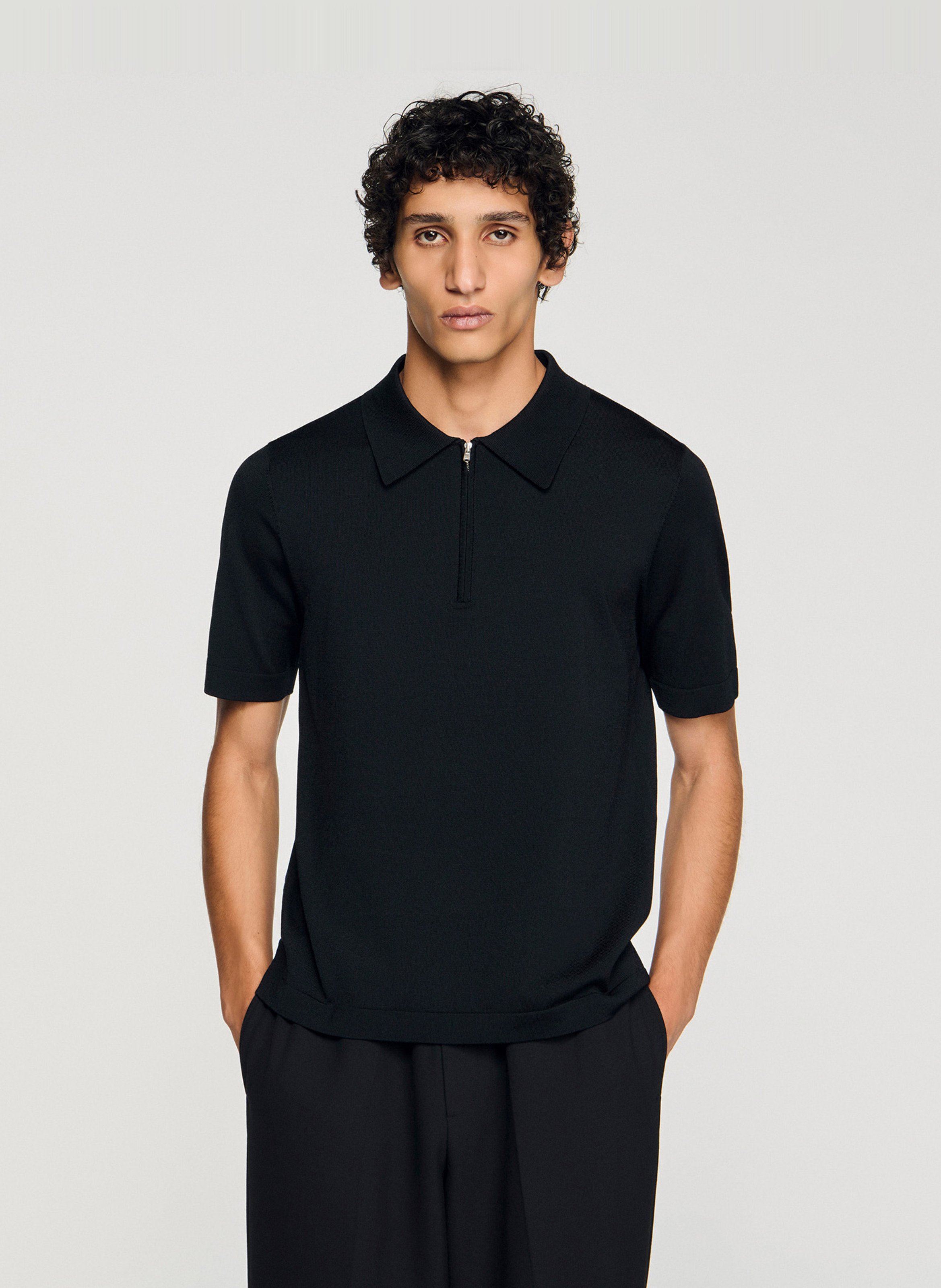 Short-sleeved T-shirt with zip-up polo collar SANDRO Black