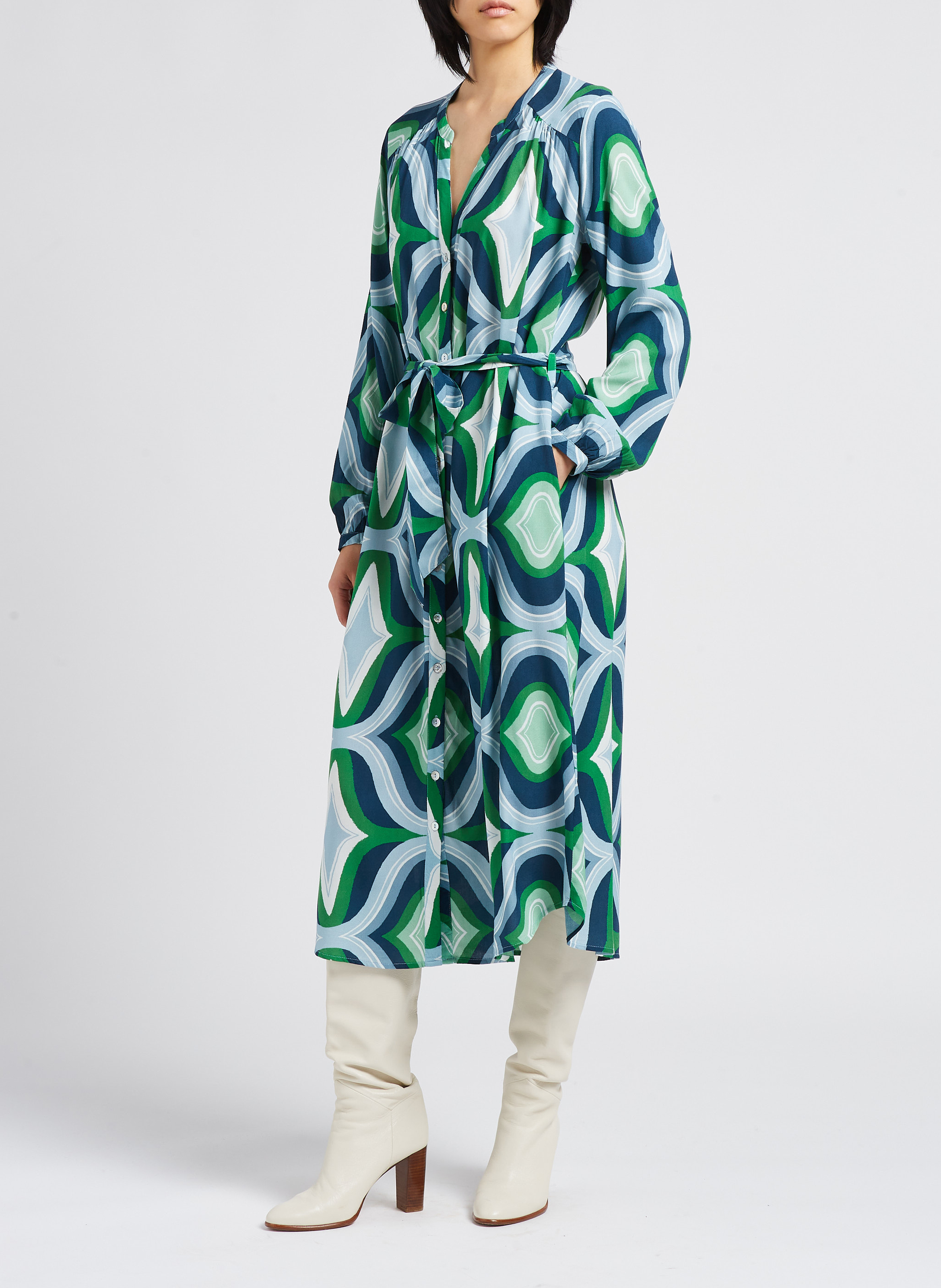Geometric print midi dress with Tunisian collar LA PETITE ETOILE Green