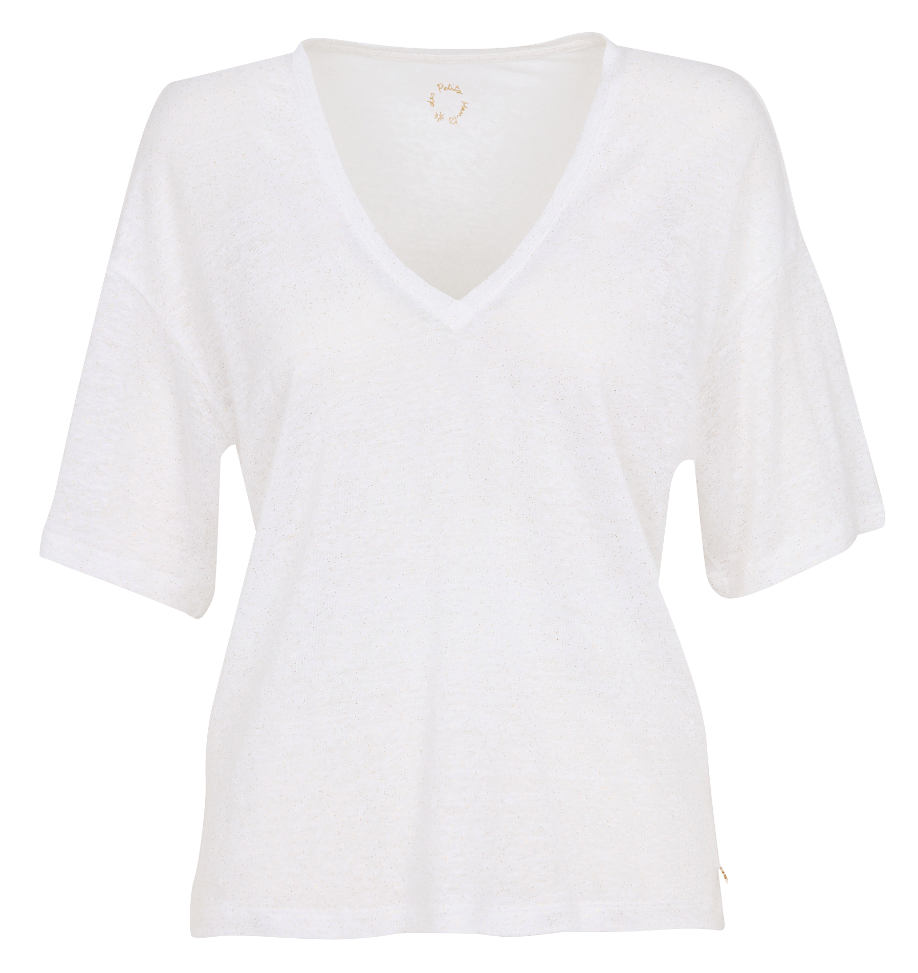 Tee-shirt droit col V paillettes en lin DES PETITS HAUTS Beige