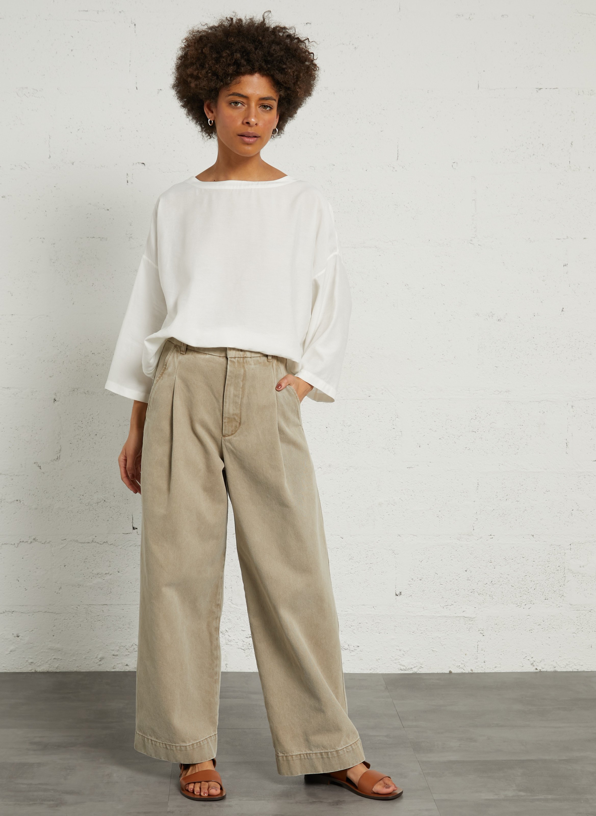 Wijde broek van biokatoen SOEUR Beige