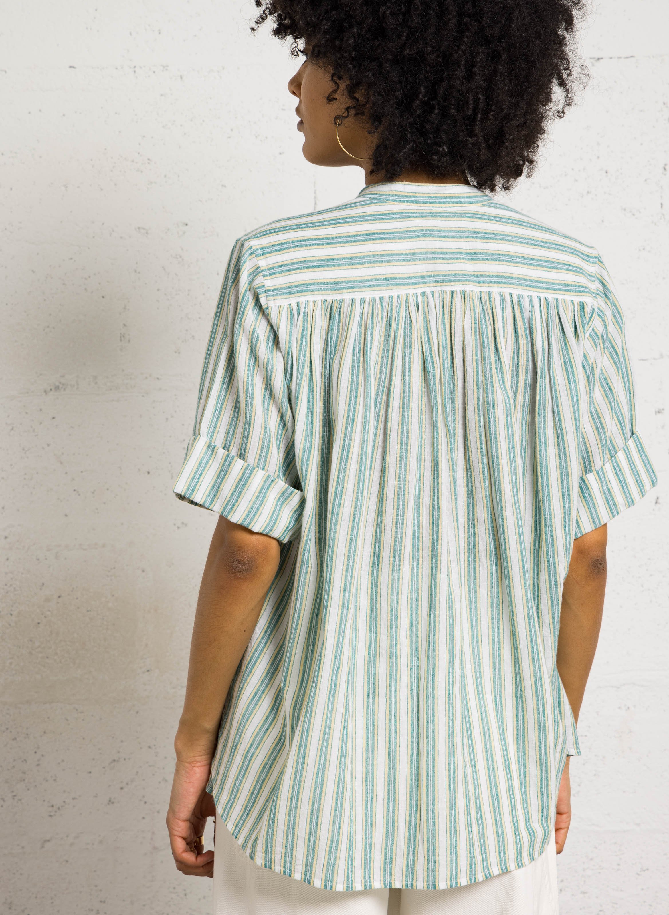 Loose-fitting striped Tunisian collar blouse LAURENCE BRAS Green