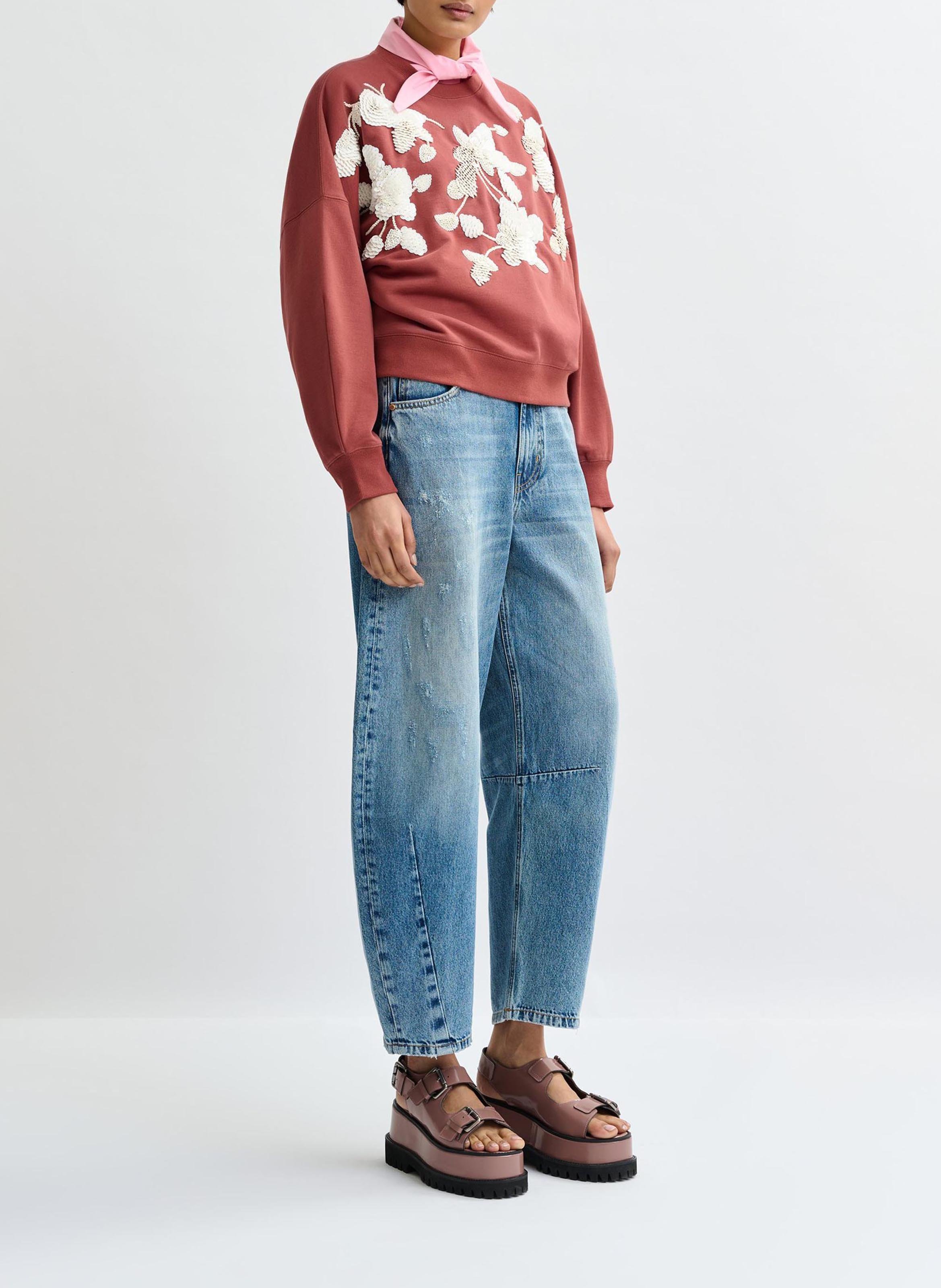 Oversized Sweatshirt with Embroidered Flowers ESSENTIEL ANTWERP Brown
