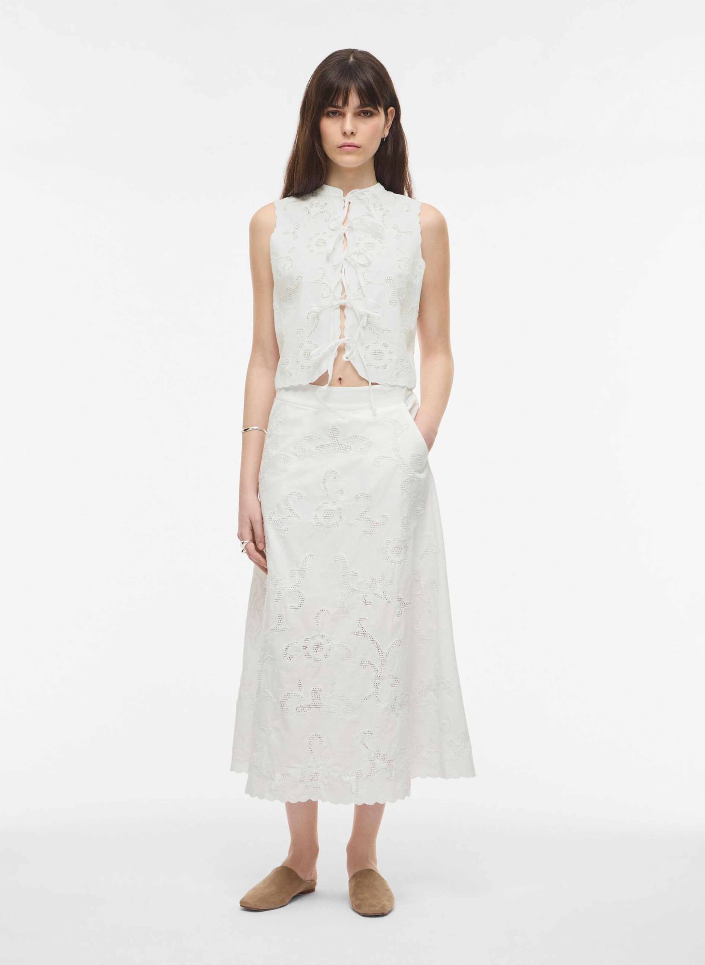 Jupe longue brodée en coton bio ROUGE EDIT Beige