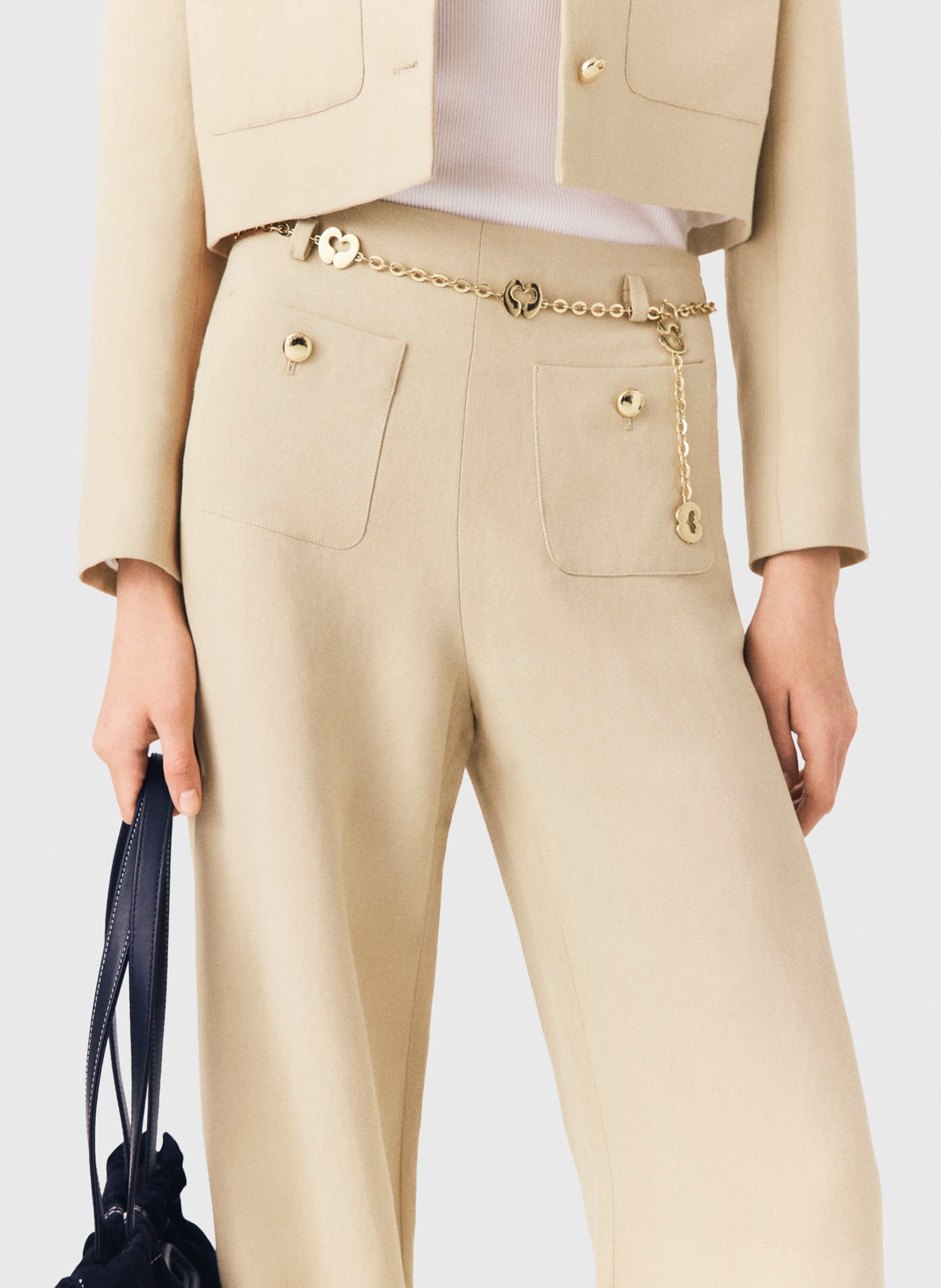 Pantalon large taille mi-haute MAJE Beige