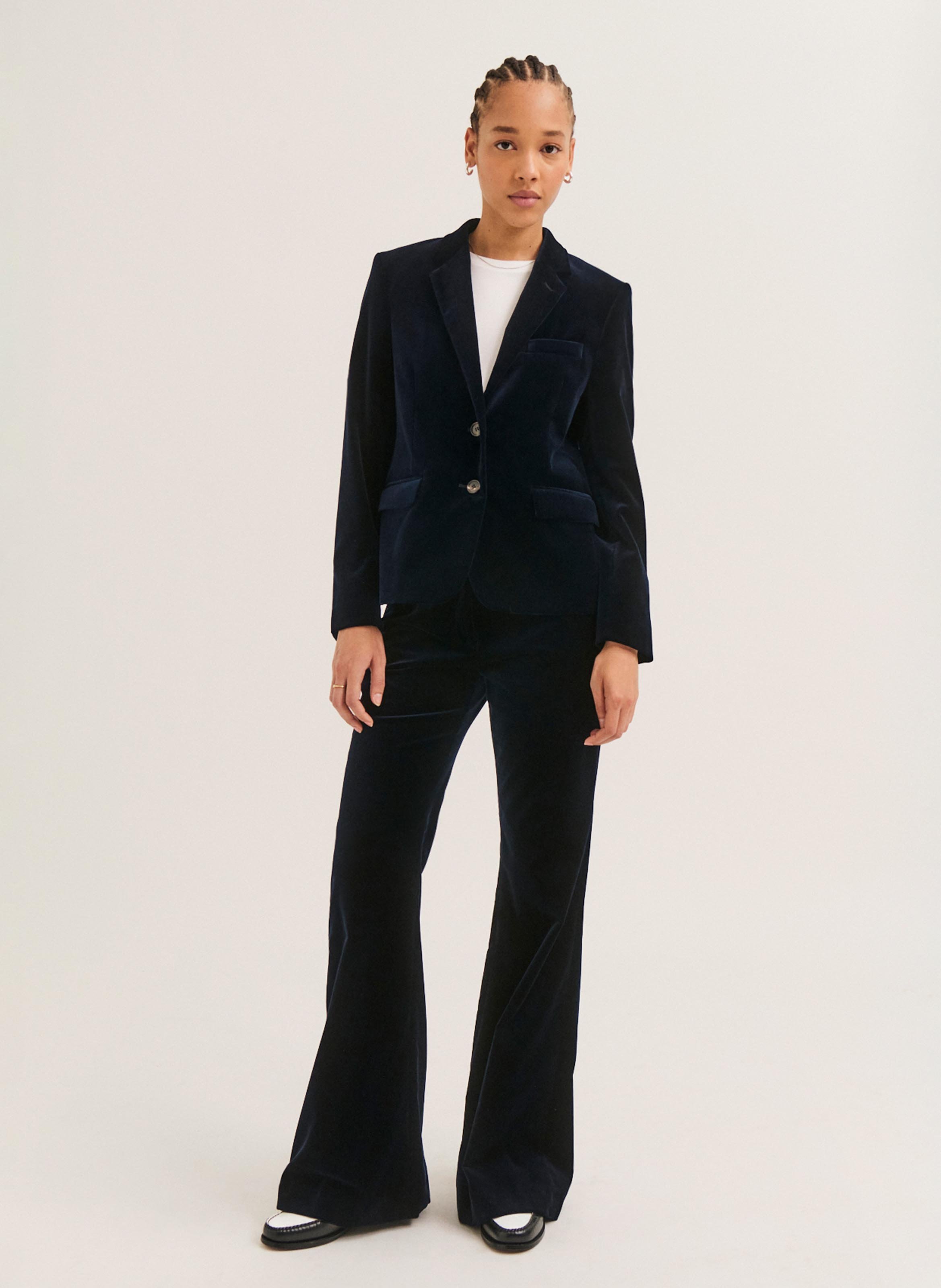 Blazer cintré en velours lisse de coton mélangé PABLO Bleu