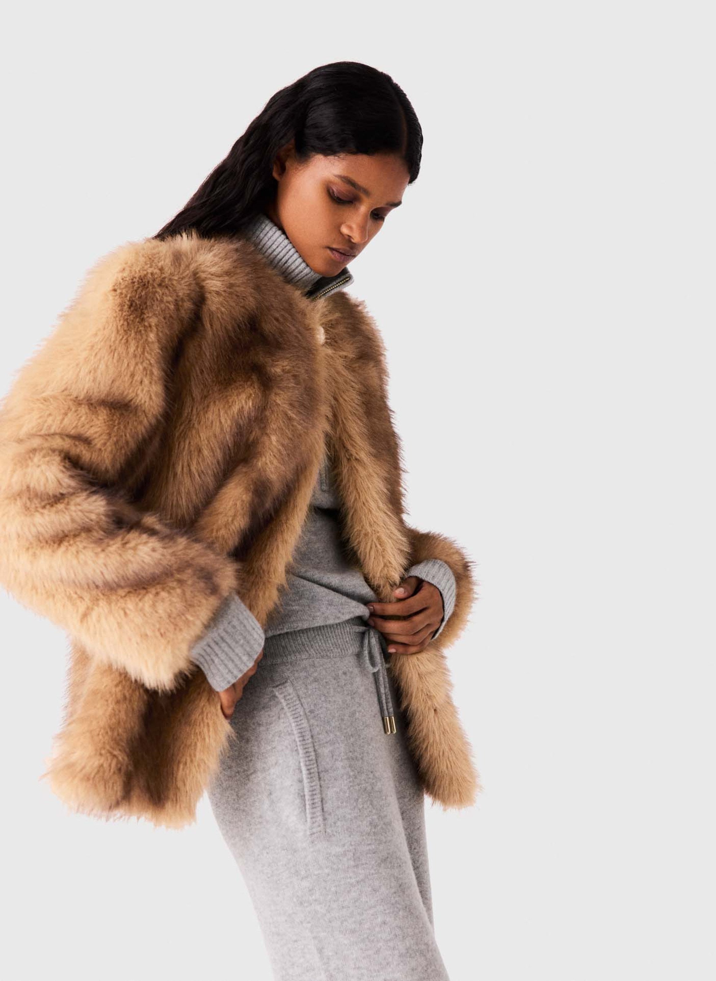 Manteau droit effet fourrure MAJE Beige