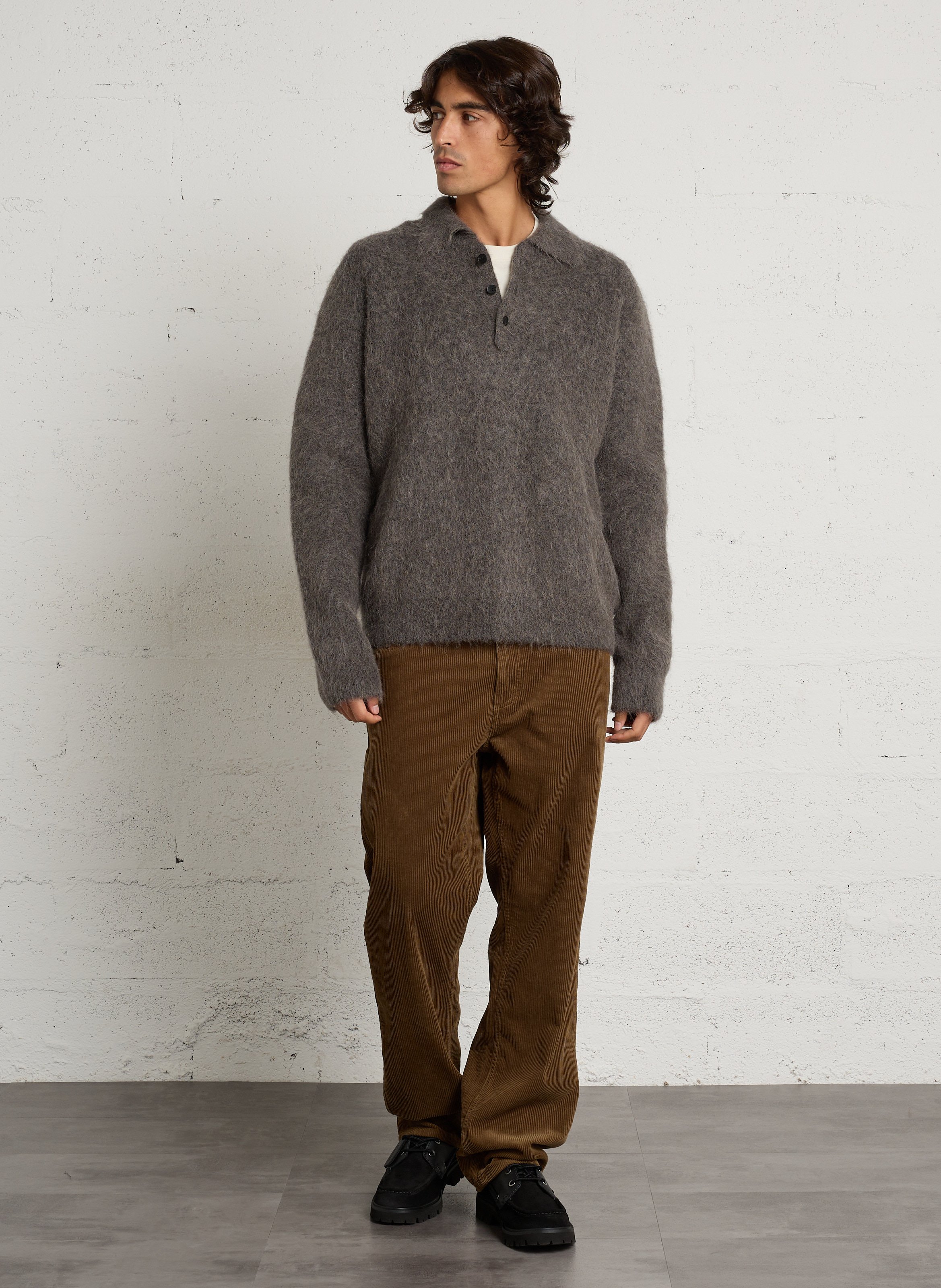 Pull col polo boutonné droit en laine mélangée MINIMUM Noir