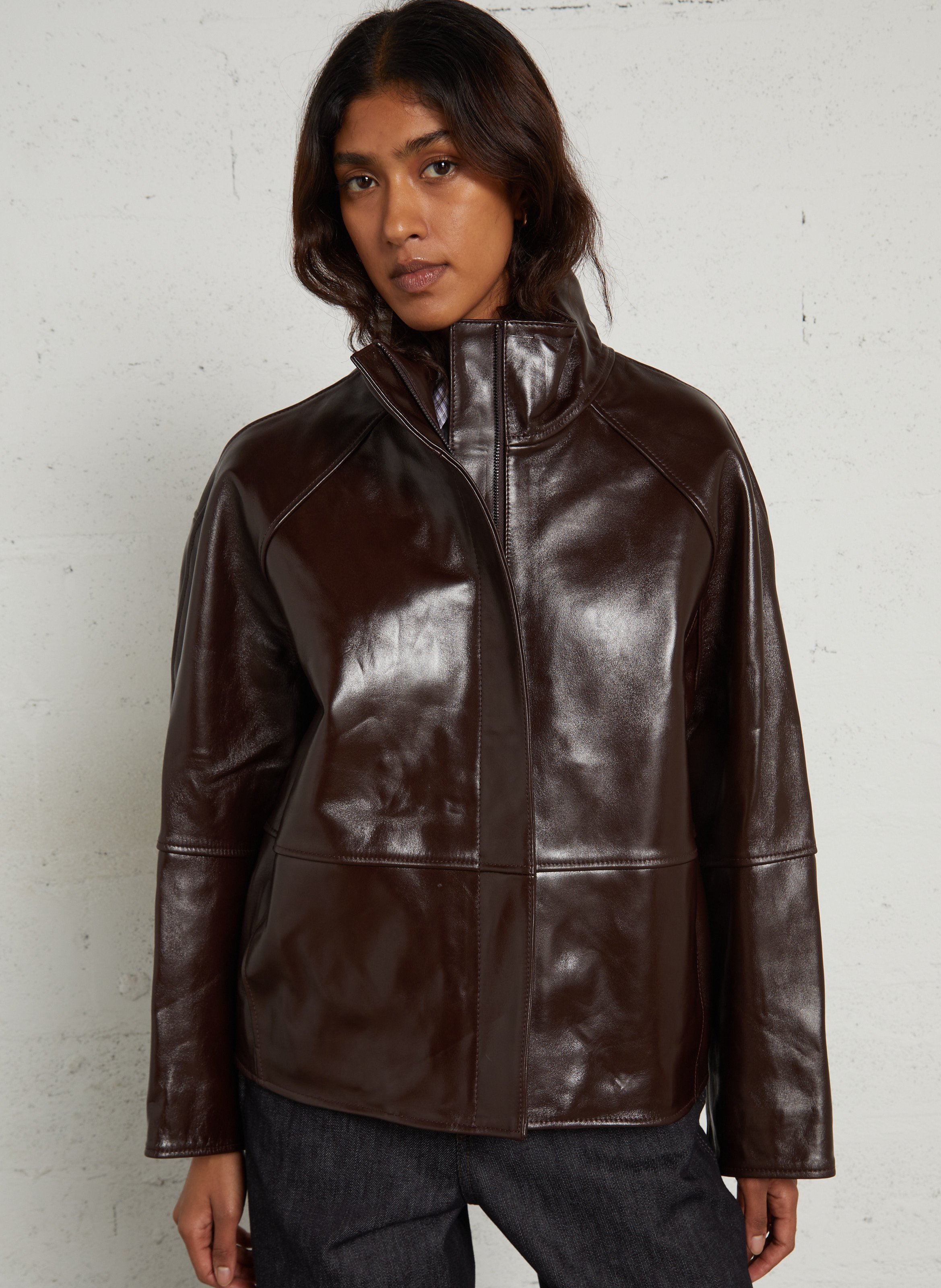 Loose-fitting high-neck leather jacket SOEUR Brown