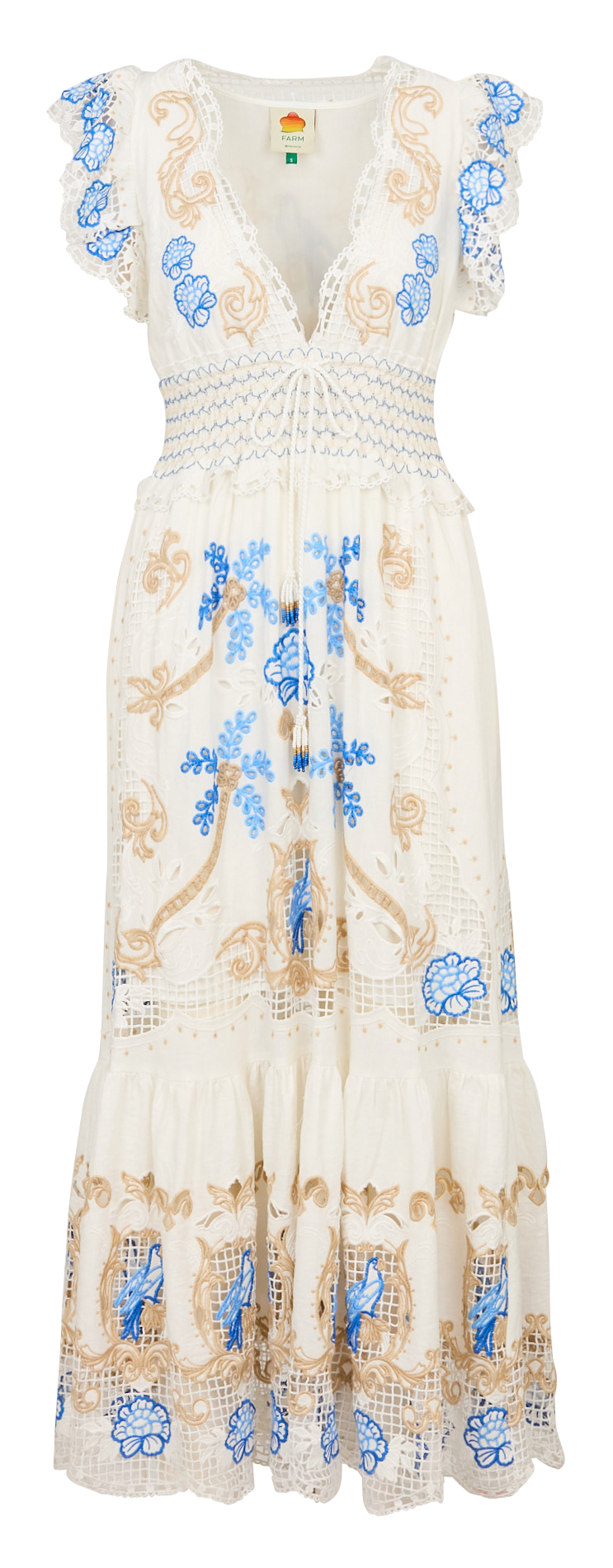 Long embroidered dress with a V-neckline FARM RIO White