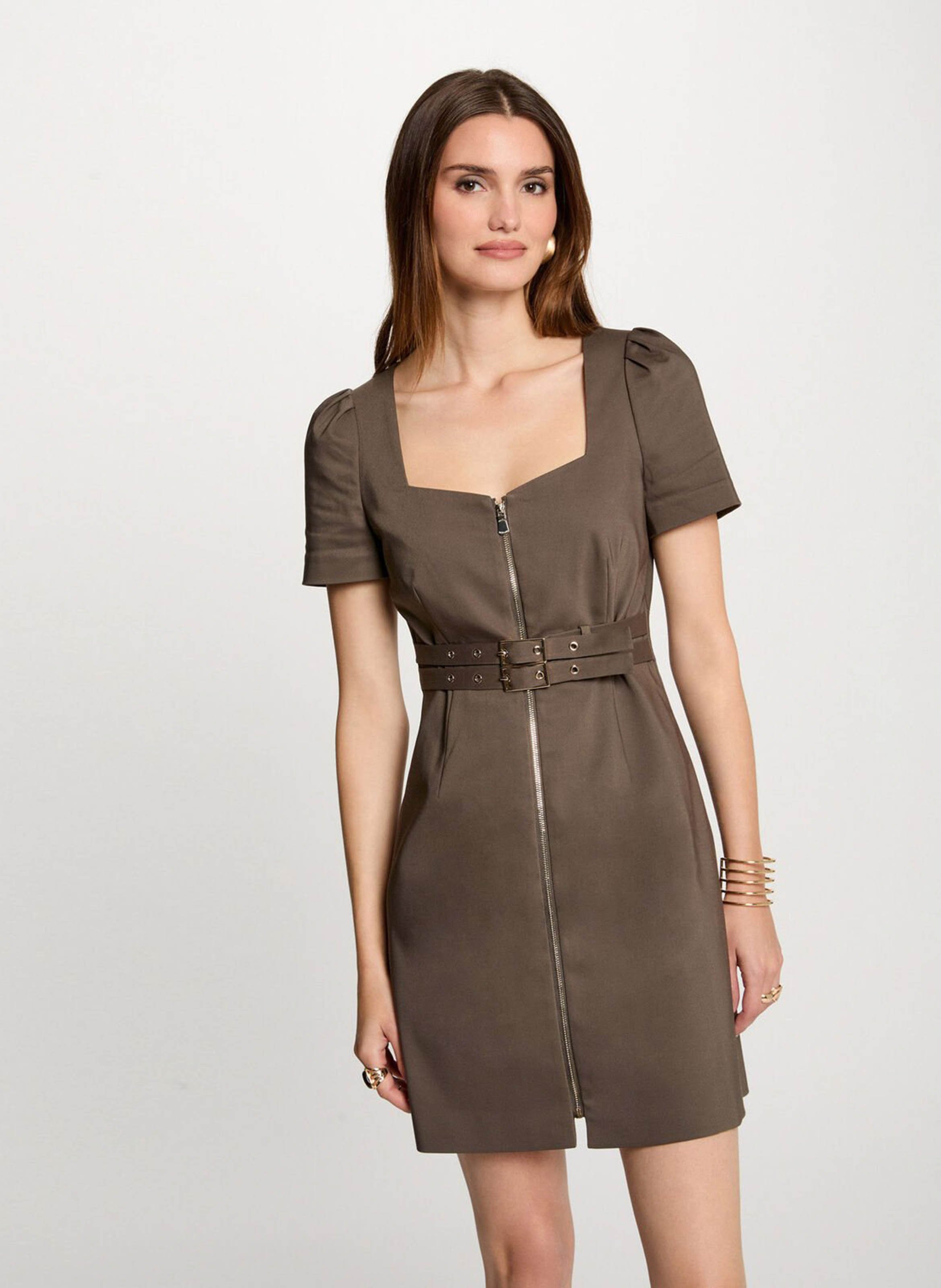 Square-neck cotton-blend short fitted dress MORGAN Green