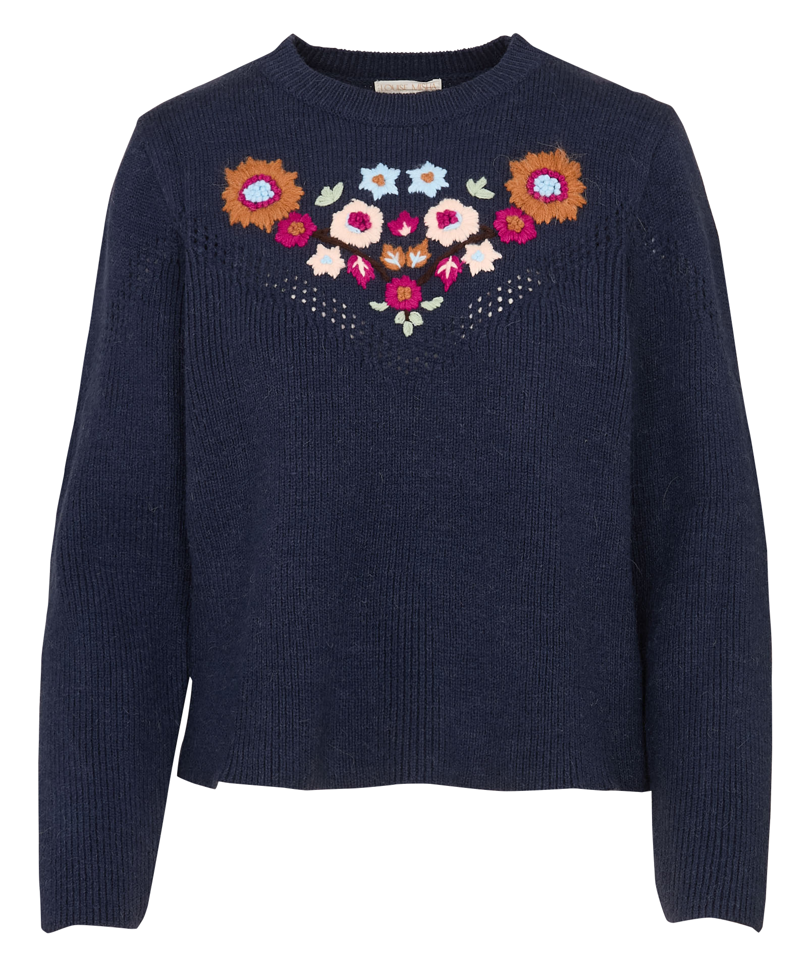 Pull droit uni à broderies fleurs LOUISE MISHA Bleu