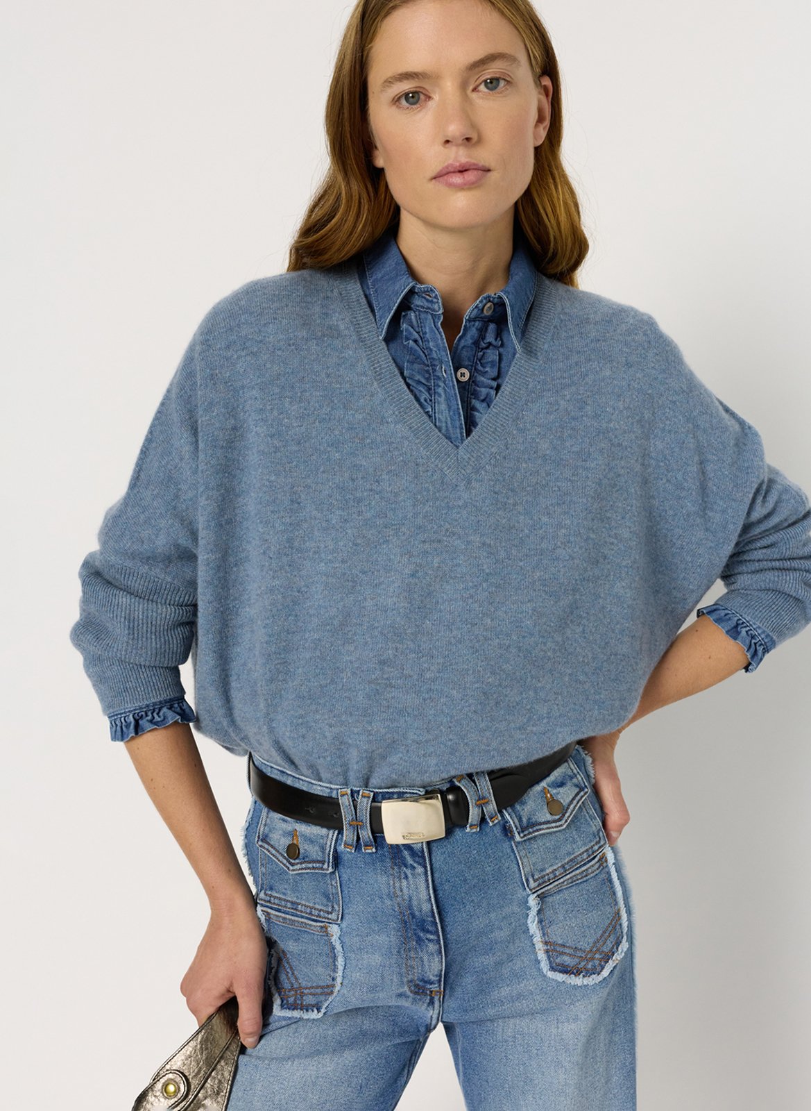 Pull droit col V en cachemire GERARD DAREL Bleu