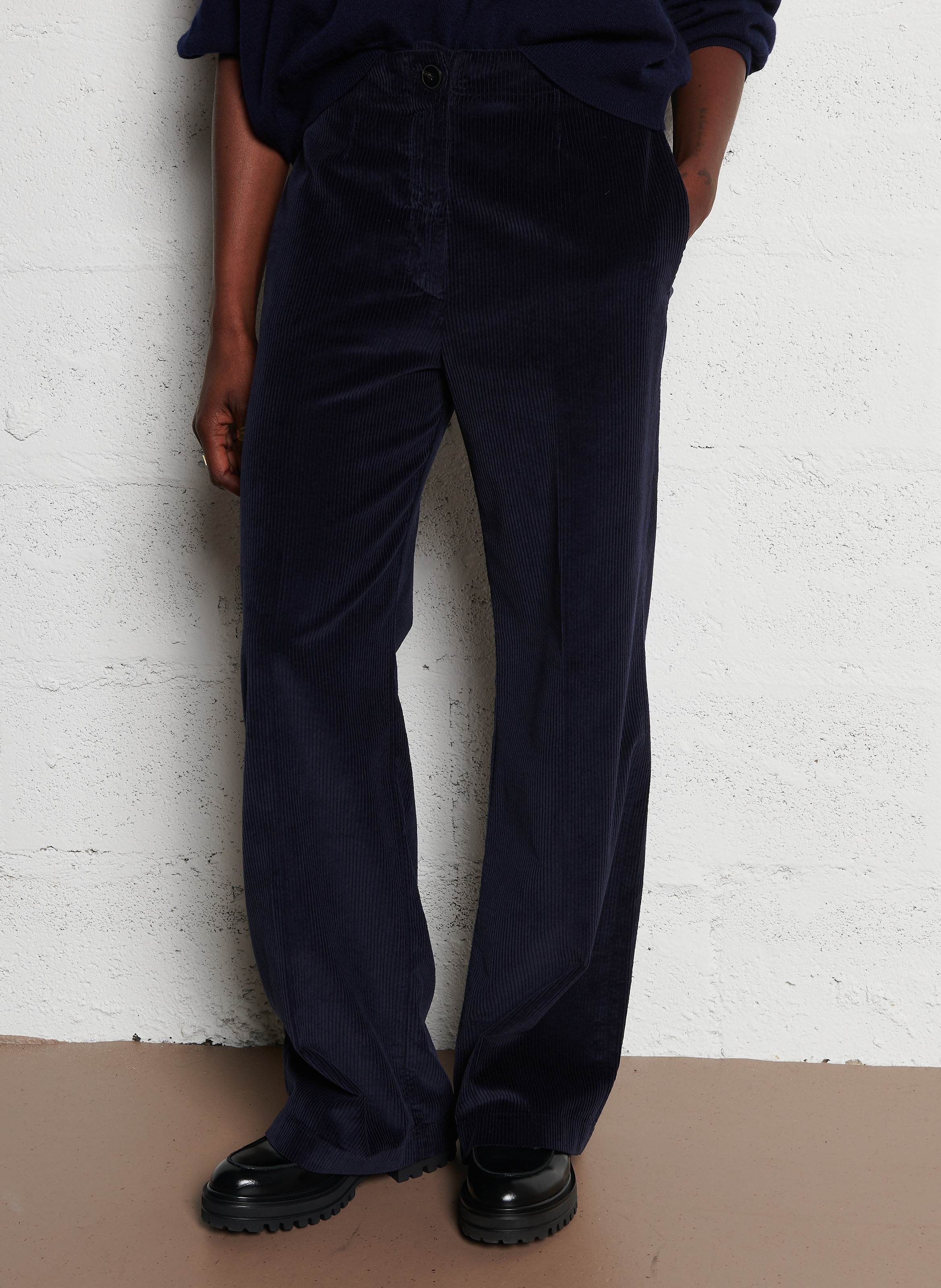 Straight-leg cotton velvet pants POMANDERE Blue