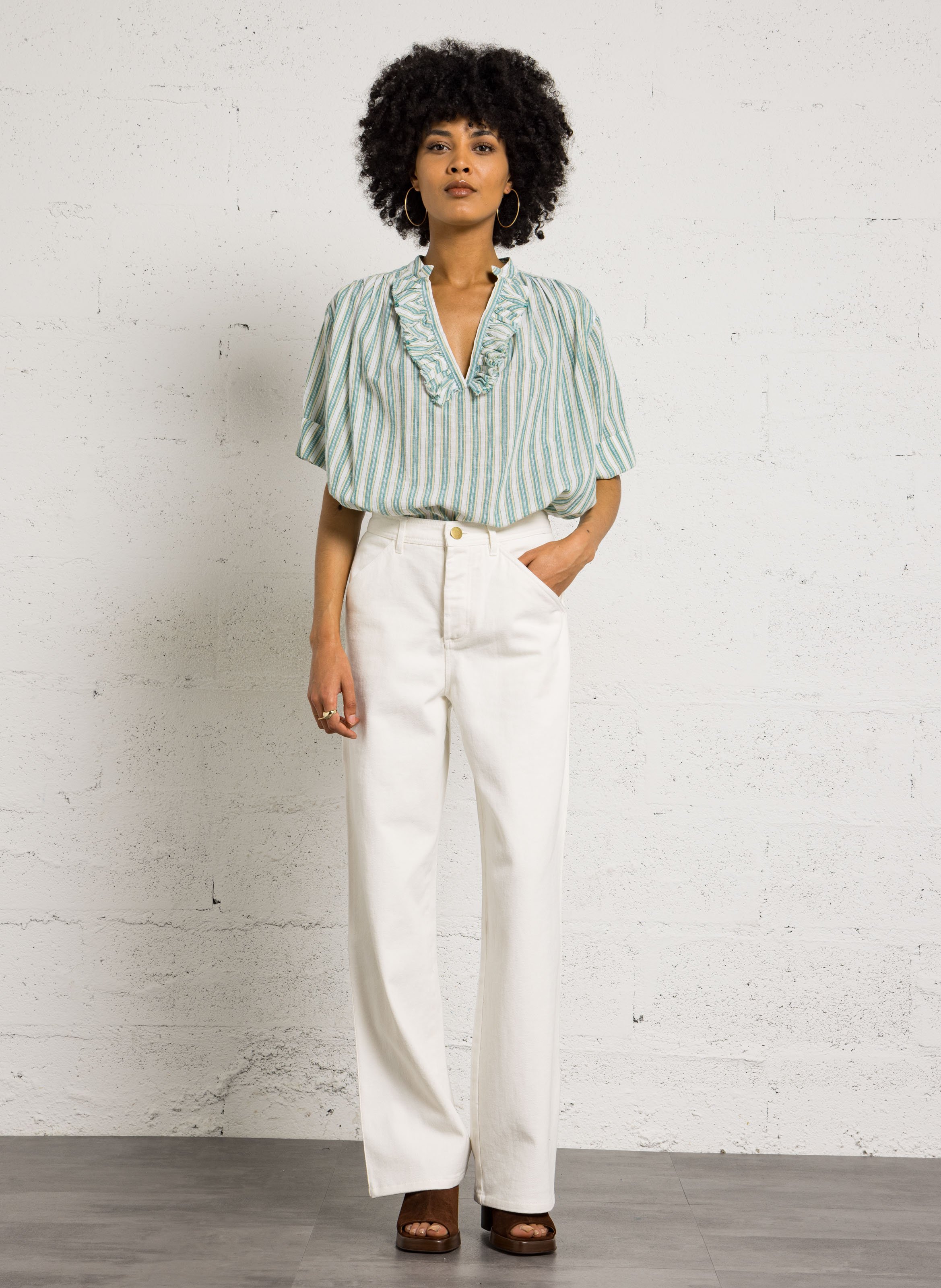 Loose-fitting striped Tunisian collar blouse LAURENCE BRAS Green