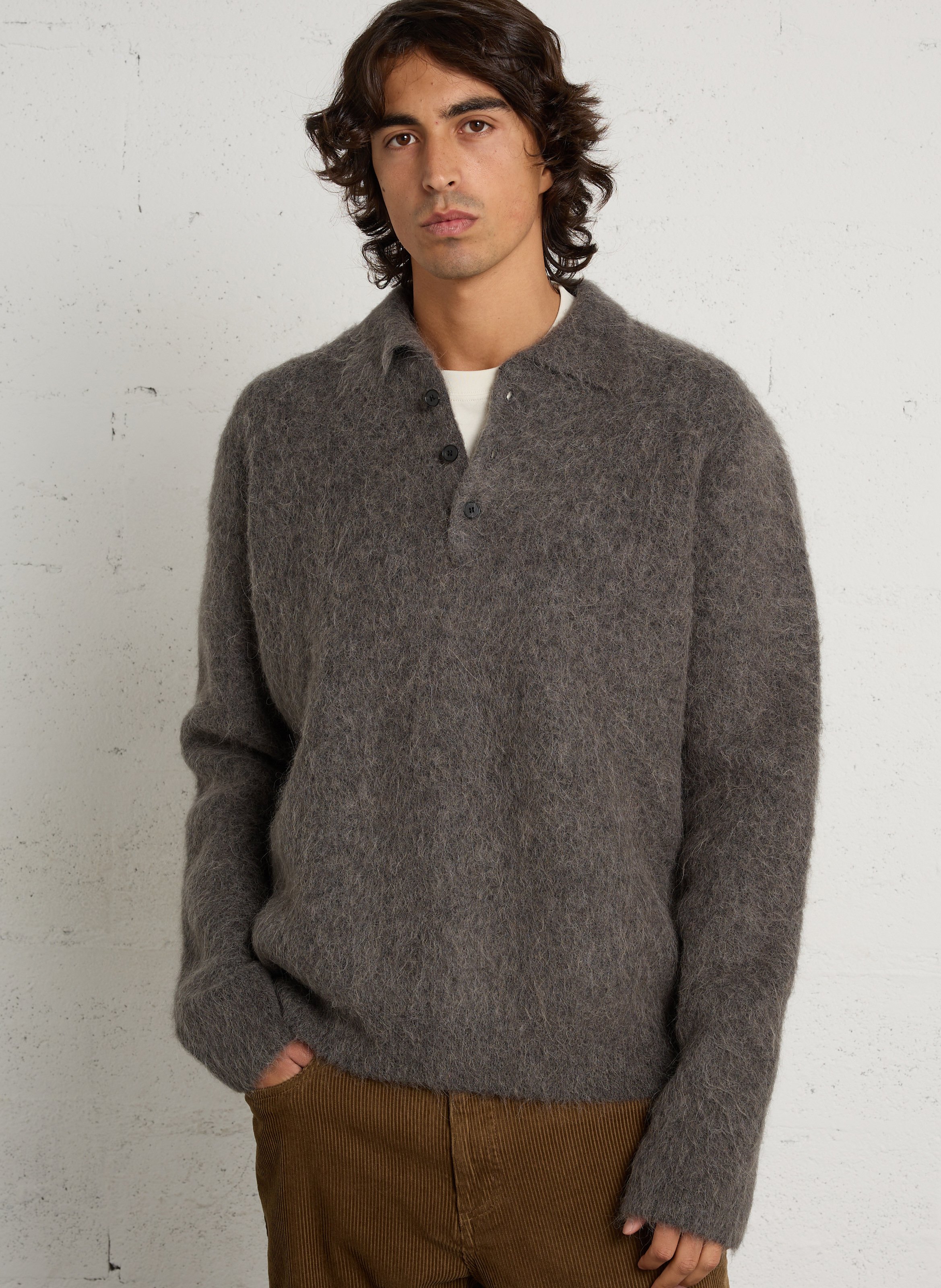 Pull col polo boutonné droit en laine mélangée MINIMUM Noir