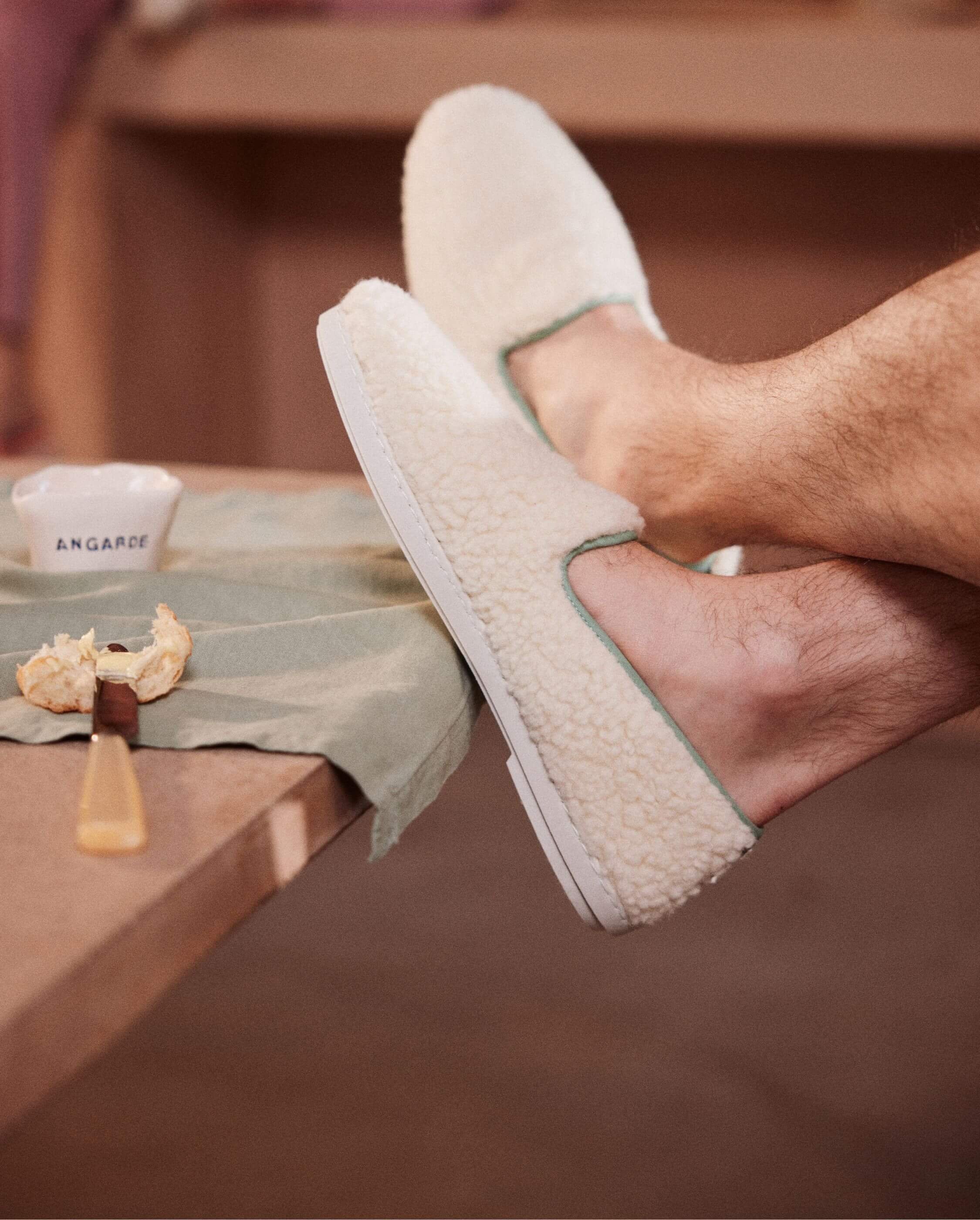 Chausson homme bouclette de laine, blanc sauge ANGARDE Blanc